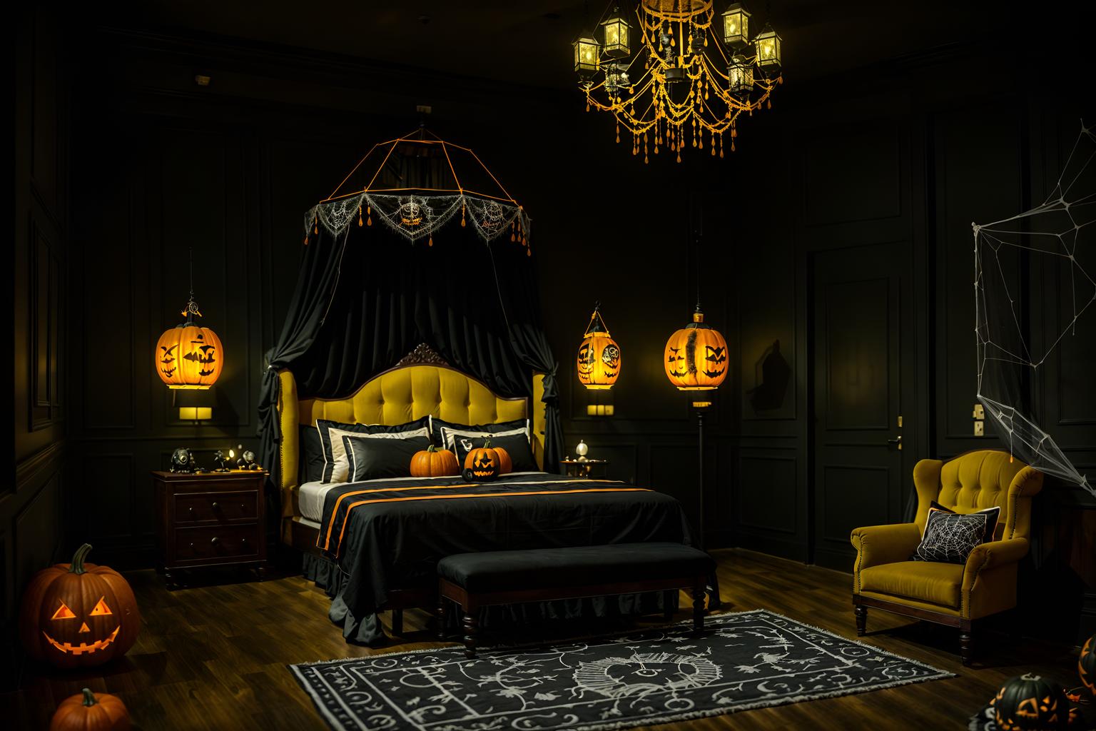 halloween-style (hotel room interior) with bed and storage bench or ottoman and hotel bathroom and accent chair and plant and night light and mirror and headboard. . with lanterns and skeletons sitting and standing and spiderwebs and glowing pumpkins and yellow black balloons and lanterns and cobwebs and human skulls. . cinematic photo, highly detailed, cinematic lighting, ultra-detailed, ultrarealistic, photorealism, 8k. halloween interior design style. masterpiece, cinematic light, ultrarealistic+, photorealistic+, 8k, raw photo, realistic, sharp focus on eyes, (symmetrical eyes), (intact eyes), hyperrealistic, highest quality, best quality, , highly detailed, masterpiece, best quality, extremely detailed 8k wallpaper, masterpiece, best quality, ultra-detailed, best shadow, detailed background, detailed face, detailed eyes, high contrast, best illumination, detailed face, dulux, caustic, dynamic angle, detailed glow. dramatic lighting. highly detailed, insanely detailed hair, symmetrical, intricate details, professionally retouched, 8k high definition. strong bokeh. award winning photo.