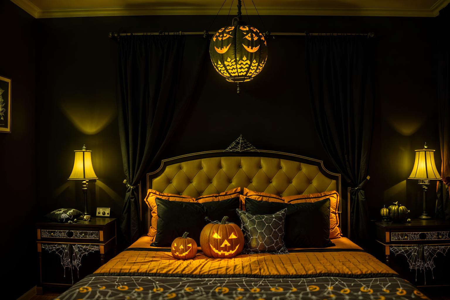 halloween-style (hotel room interior) with bed and storage bench or ottoman and hotel bathroom and accent chair and plant and night light and mirror and headboard. . with lanterns and skeletons sitting and standing and spiderwebs and glowing pumpkins and yellow black balloons and lanterns and cobwebs and human skulls. . cinematic photo, highly detailed, cinematic lighting, ultra-detailed, ultrarealistic, photorealism, 8k. halloween interior design style. masterpiece, cinematic light, ultrarealistic+, photorealistic+, 8k, raw photo, realistic, sharp focus on eyes, (symmetrical eyes), (intact eyes), hyperrealistic, highest quality, best quality, , highly detailed, masterpiece, best quality, extremely detailed 8k wallpaper, masterpiece, best quality, ultra-detailed, best shadow, detailed background, detailed face, detailed eyes, high contrast, best illumination, detailed face, dulux, caustic, dynamic angle, detailed glow. dramatic lighting. highly detailed, insanely detailed hair, symmetrical, intricate details, professionally retouched, 8k high definition. strong bokeh. award winning photo.