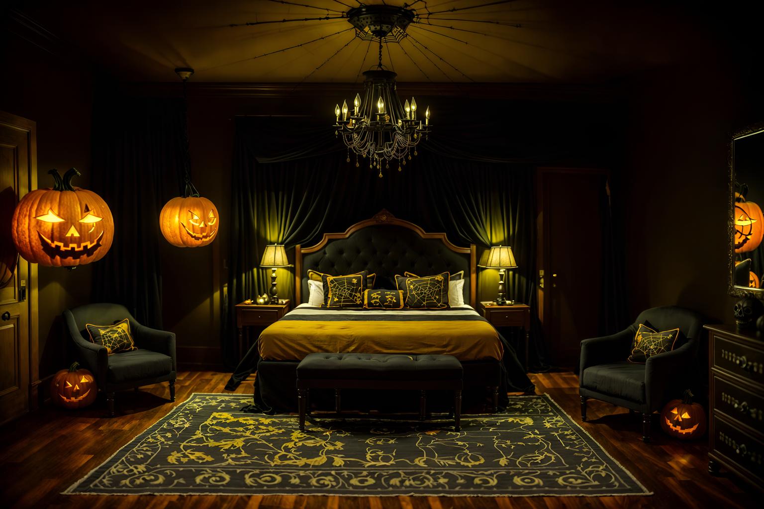 halloween-style (hotel room interior) with bed and storage bench or ottoman and hotel bathroom and accent chair and plant and night light and mirror and headboard. . with lanterns and skeletons sitting and standing and spiderwebs and glowing pumpkins and yellow black balloons and lanterns and cobwebs and human skulls. . cinematic photo, highly detailed, cinematic lighting, ultra-detailed, ultrarealistic, photorealism, 8k. halloween interior design style. masterpiece, cinematic light, ultrarealistic+, photorealistic+, 8k, raw photo, realistic, sharp focus on eyes, (symmetrical eyes), (intact eyes), hyperrealistic, highest quality, best quality, , highly detailed, masterpiece, best quality, extremely detailed 8k wallpaper, masterpiece, best quality, ultra-detailed, best shadow, detailed background, detailed face, detailed eyes, high contrast, best illumination, detailed face, dulux, caustic, dynamic angle, detailed glow. dramatic lighting. highly detailed, insanely detailed hair, symmetrical, intricate details, professionally retouched, 8k high definition. strong bokeh. award winning photo.