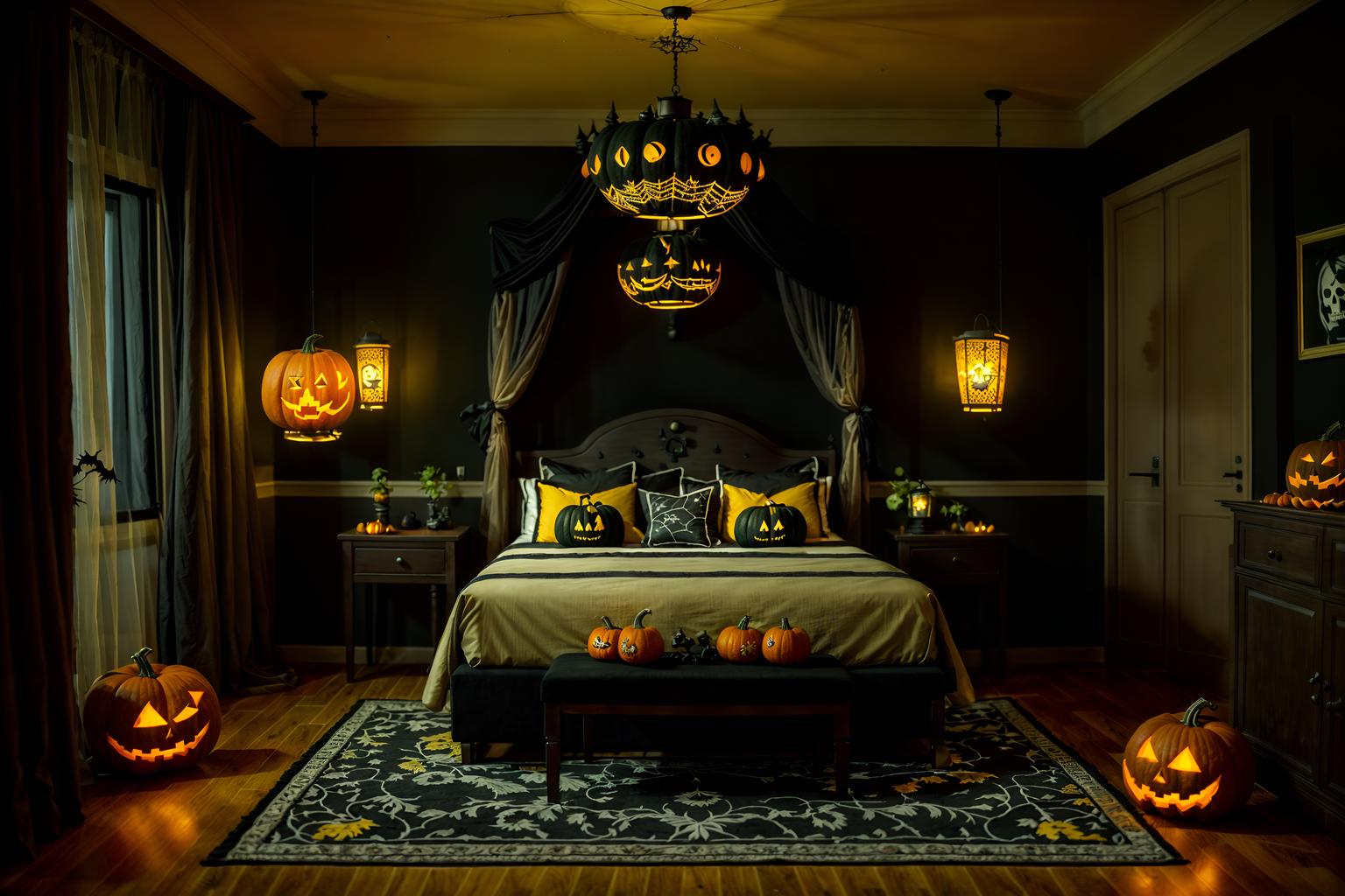 halloween-style (hotel room interior) with bed and storage bench or ottoman and hotel bathroom and accent chair and plant and night light and mirror and headboard. . with lanterns and skeletons sitting and standing and spiderwebs and glowing pumpkins and yellow black balloons and lanterns and cobwebs and human skulls. . cinematic photo, highly detailed, cinematic lighting, ultra-detailed, ultrarealistic, photorealism, 8k. halloween interior design style. masterpiece, cinematic light, ultrarealistic+, photorealistic+, 8k, raw photo, realistic, sharp focus on eyes, (symmetrical eyes), (intact eyes), hyperrealistic, highest quality, best quality, , highly detailed, masterpiece, best quality, extremely detailed 8k wallpaper, masterpiece, best quality, ultra-detailed, best shadow, detailed background, detailed face, detailed eyes, high contrast, best illumination, detailed face, dulux, caustic, dynamic angle, detailed glow. dramatic lighting. highly detailed, insanely detailed hair, symmetrical, intricate details, professionally retouched, 8k high definition. strong bokeh. award winning photo.