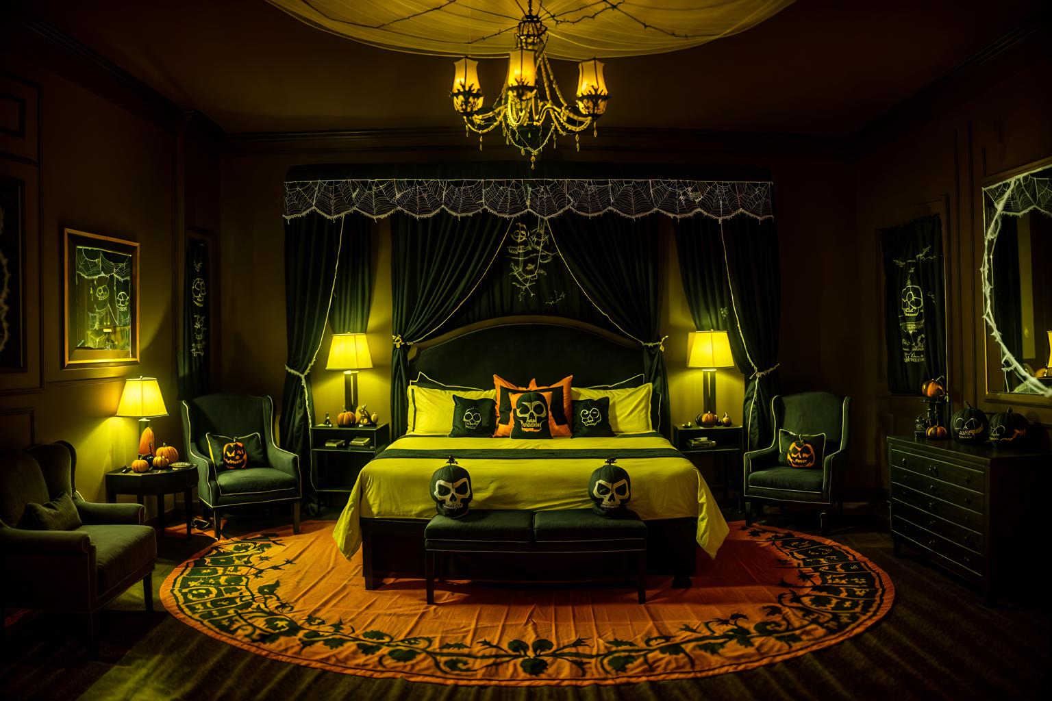 halloween-style (hotel room interior) with bed and storage bench or ottoman and hotel bathroom and accent chair and plant and night light and mirror and headboard. . with lanterns and skeletons sitting and standing and spiderwebs and glowing pumpkins and yellow black balloons and lanterns and cobwebs and human skulls. . cinematic photo, highly detailed, cinematic lighting, ultra-detailed, ultrarealistic, photorealism, 8k. halloween interior design style. masterpiece, cinematic light, ultrarealistic+, photorealistic+, 8k, raw photo, realistic, sharp focus on eyes, (symmetrical eyes), (intact eyes), hyperrealistic, highest quality, best quality, , highly detailed, masterpiece, best quality, extremely detailed 8k wallpaper, masterpiece, best quality, ultra-detailed, best shadow, detailed background, detailed face, detailed eyes, high contrast, best illumination, detailed face, dulux, caustic, dynamic angle, detailed glow. dramatic lighting. highly detailed, insanely detailed hair, symmetrical, intricate details, professionally retouched, 8k high definition. strong bokeh. award winning photo.