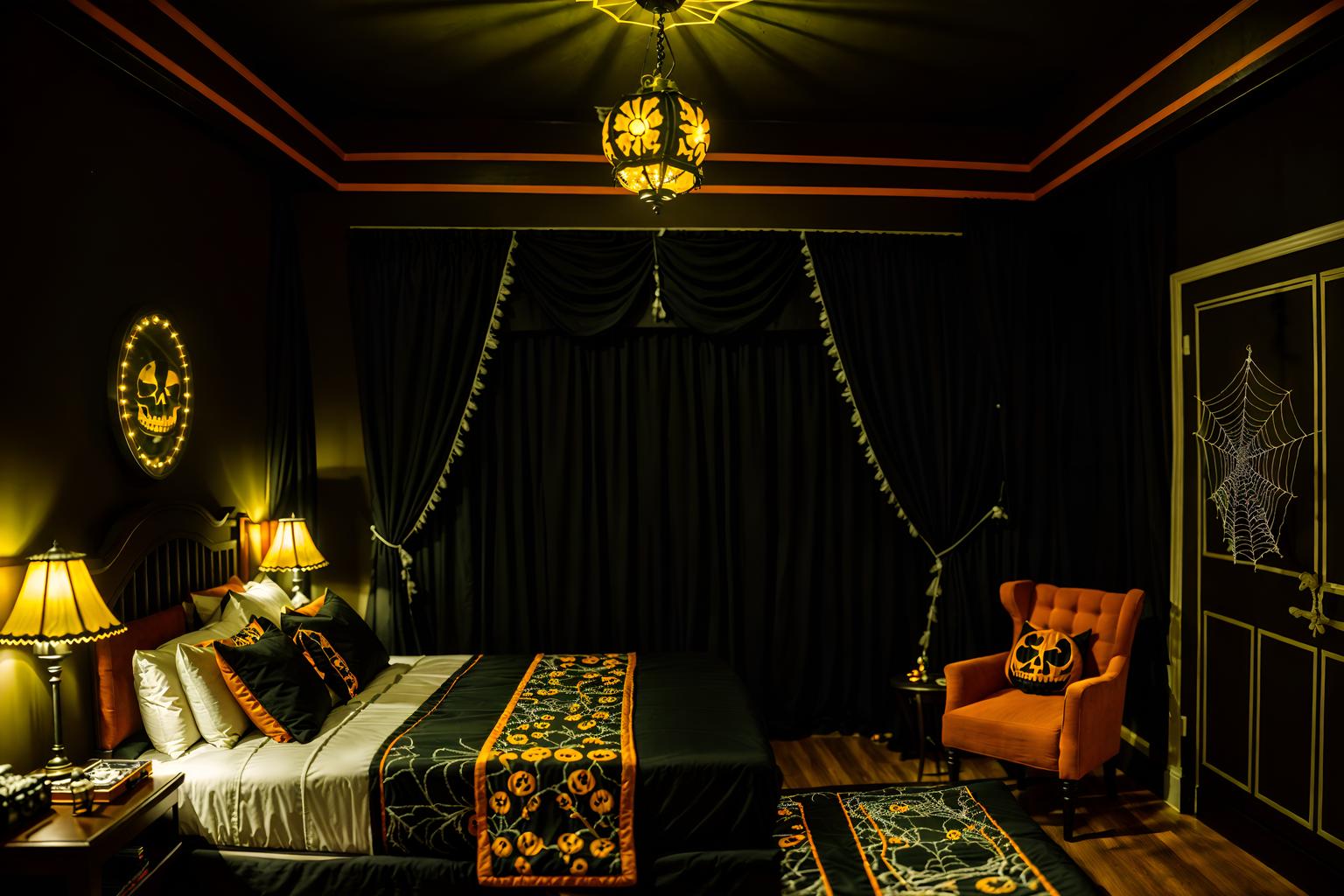 halloween-style (hotel room interior) with bed and storage bench or ottoman and hotel bathroom and accent chair and plant and night light and mirror and headboard. . with lanterns and skeletons sitting and standing and spiderwebs and glowing pumpkins and yellow black balloons and lanterns and cobwebs and human skulls. . cinematic photo, highly detailed, cinematic lighting, ultra-detailed, ultrarealistic, photorealism, 8k. halloween interior design style. masterpiece, cinematic light, ultrarealistic+, photorealistic+, 8k, raw photo, realistic, sharp focus on eyes, (symmetrical eyes), (intact eyes), hyperrealistic, highest quality, best quality, , highly detailed, masterpiece, best quality, extremely detailed 8k wallpaper, masterpiece, best quality, ultra-detailed, best shadow, detailed background, detailed face, detailed eyes, high contrast, best illumination, detailed face, dulux, caustic, dynamic angle, detailed glow. dramatic lighting. highly detailed, insanely detailed hair, symmetrical, intricate details, professionally retouched, 8k high definition. strong bokeh. award winning photo.