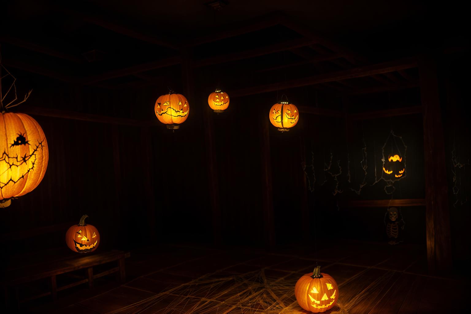 halloween-style (onsen interior) . with cobwebs and yellow black balloons and lanterns and glowing pumpkins and cobwebs and lanterns and skeletons sitting and standing and spiderwebs. . cinematic photo, highly detailed, cinematic lighting, ultra-detailed, ultrarealistic, photorealism, 8k. halloween interior design style. masterpiece, cinematic light, ultrarealistic+, photorealistic+, 8k, raw photo, realistic, sharp focus on eyes, (symmetrical eyes), (intact eyes), hyperrealistic, highest quality, best quality, , highly detailed, masterpiece, best quality, extremely detailed 8k wallpaper, masterpiece, best quality, ultra-detailed, best shadow, detailed background, detailed face, detailed eyes, high contrast, best illumination, detailed face, dulux, caustic, dynamic angle, detailed glow. dramatic lighting. highly detailed, insanely detailed hair, symmetrical, intricate details, professionally retouched, 8k high definition. strong bokeh. award winning photo.