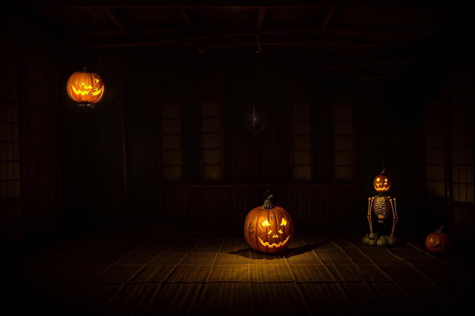 halloween-style (onsen interior) . with cobwebs and yellow black balloons and lanterns and glowing pumpkins and cobwebs and lanterns and skeletons sitting and standing and spiderwebs. . cinematic photo, highly detailed, cinematic lighting, ultra-detailed, ultrarealistic, photorealism, 8k. halloween interior design style. masterpiece, cinematic light, ultrarealistic+, photorealistic+, 8k, raw photo, realistic, sharp focus on eyes, (symmetrical eyes), (intact eyes), hyperrealistic, highest quality, best quality, , highly detailed, masterpiece, best quality, extremely detailed 8k wallpaper, masterpiece, best quality, ultra-detailed, best shadow, detailed background, detailed face, detailed eyes, high contrast, best illumination, detailed face, dulux, caustic, dynamic angle, detailed glow. dramatic lighting. highly detailed, insanely detailed hair, symmetrical, intricate details, professionally retouched, 8k high definition. strong bokeh. award winning photo.