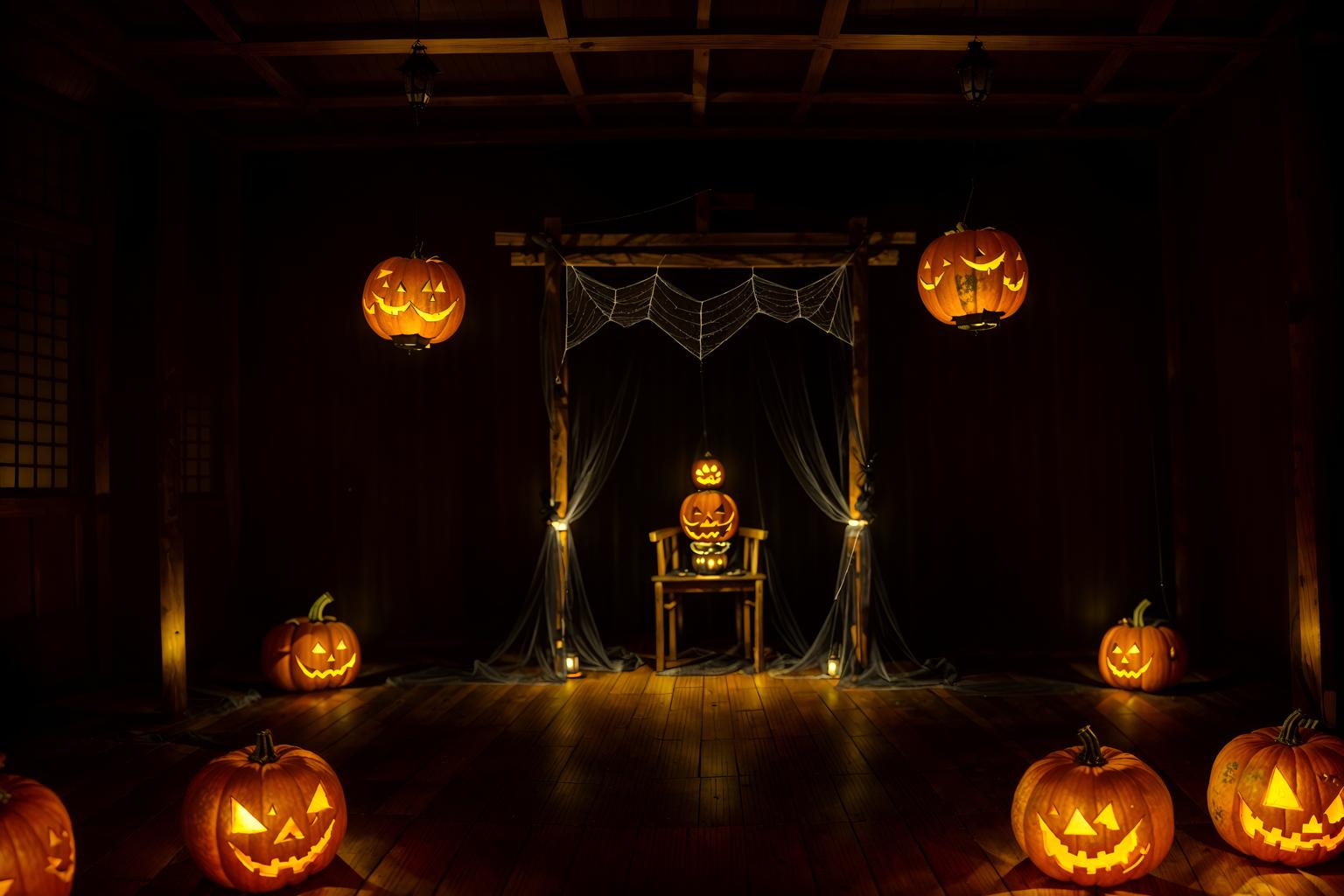 halloween-style (onsen interior) . with cobwebs and yellow black balloons and lanterns and glowing pumpkins and cobwebs and lanterns and skeletons sitting and standing and spiderwebs. . cinematic photo, highly detailed, cinematic lighting, ultra-detailed, ultrarealistic, photorealism, 8k. halloween interior design style. masterpiece, cinematic light, ultrarealistic+, photorealistic+, 8k, raw photo, realistic, sharp focus on eyes, (symmetrical eyes), (intact eyes), hyperrealistic, highest quality, best quality, , highly detailed, masterpiece, best quality, extremely detailed 8k wallpaper, masterpiece, best quality, ultra-detailed, best shadow, detailed background, detailed face, detailed eyes, high contrast, best illumination, detailed face, dulux, caustic, dynamic angle, detailed glow. dramatic lighting. highly detailed, insanely detailed hair, symmetrical, intricate details, professionally retouched, 8k high definition. strong bokeh. award winning photo.