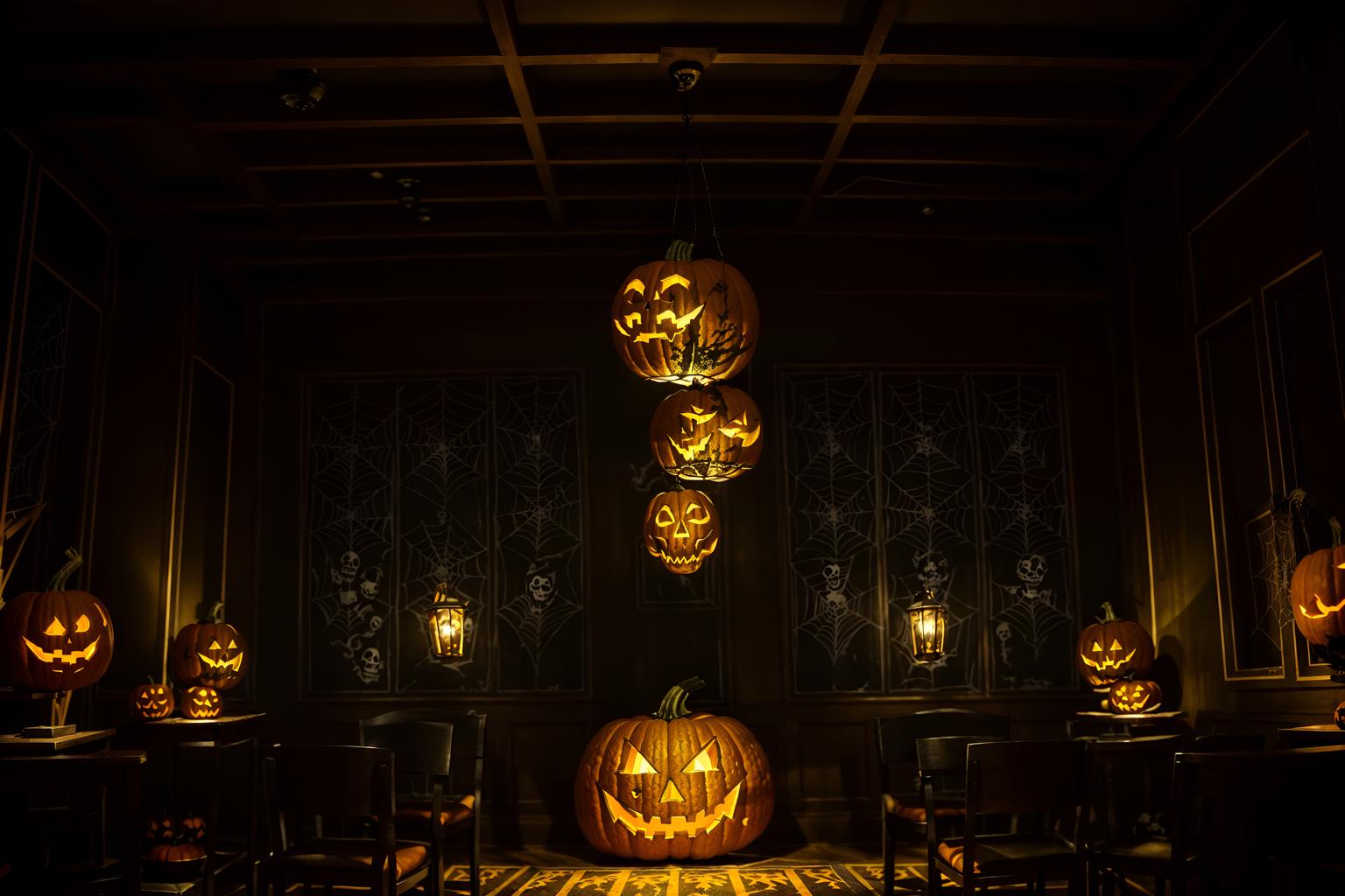 halloween-style (coffee shop interior) . with glowing pumpkins and spiderwebs and human skulls and lanterns and skeletons sitting and standing and yellow black balloons and cobwebs and cobwebs. . cinematic photo, highly detailed, cinematic lighting, ultra-detailed, ultrarealistic, photorealism, 8k. halloween interior design style. masterpiece, cinematic light, ultrarealistic+, photorealistic+, 8k, raw photo, realistic, sharp focus on eyes, (symmetrical eyes), (intact eyes), hyperrealistic, highest quality, best quality, , highly detailed, masterpiece, best quality, extremely detailed 8k wallpaper, masterpiece, best quality, ultra-detailed, best shadow, detailed background, detailed face, detailed eyes, high contrast, best illumination, detailed face, dulux, caustic, dynamic angle, detailed glow. dramatic lighting. highly detailed, insanely detailed hair, symmetrical, intricate details, professionally retouched, 8k high definition. strong bokeh. award winning photo.