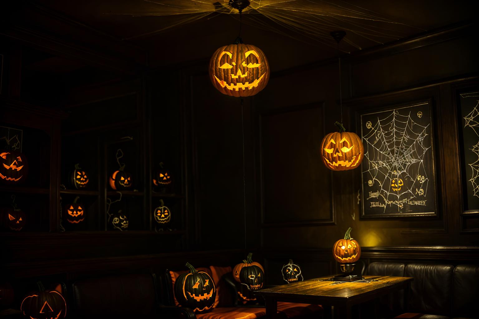 halloween-style (coffee shop interior) . with glowing pumpkins and spiderwebs and human skulls and lanterns and skeletons sitting and standing and yellow black balloons and cobwebs and cobwebs. . cinematic photo, highly detailed, cinematic lighting, ultra-detailed, ultrarealistic, photorealism, 8k. halloween interior design style. masterpiece, cinematic light, ultrarealistic+, photorealistic+, 8k, raw photo, realistic, sharp focus on eyes, (symmetrical eyes), (intact eyes), hyperrealistic, highest quality, best quality, , highly detailed, masterpiece, best quality, extremely detailed 8k wallpaper, masterpiece, best quality, ultra-detailed, best shadow, detailed background, detailed face, detailed eyes, high contrast, best illumination, detailed face, dulux, caustic, dynamic angle, detailed glow. dramatic lighting. highly detailed, insanely detailed hair, symmetrical, intricate details, professionally retouched, 8k high definition. strong bokeh. award winning photo.