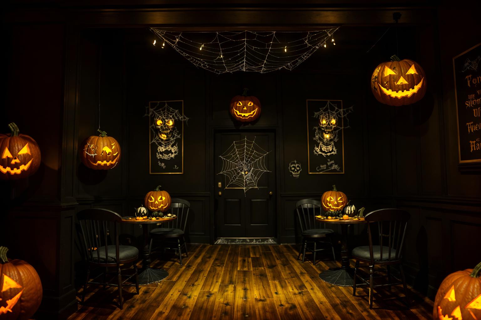 halloween-style (coffee shop interior) . with glowing pumpkins and spiderwebs and human skulls and lanterns and skeletons sitting and standing and yellow black balloons and cobwebs and cobwebs. . cinematic photo, highly detailed, cinematic lighting, ultra-detailed, ultrarealistic, photorealism, 8k. halloween interior design style. masterpiece, cinematic light, ultrarealistic+, photorealistic+, 8k, raw photo, realistic, sharp focus on eyes, (symmetrical eyes), (intact eyes), hyperrealistic, highest quality, best quality, , highly detailed, masterpiece, best quality, extremely detailed 8k wallpaper, masterpiece, best quality, ultra-detailed, best shadow, detailed background, detailed face, detailed eyes, high contrast, best illumination, detailed face, dulux, caustic, dynamic angle, detailed glow. dramatic lighting. highly detailed, insanely detailed hair, symmetrical, intricate details, professionally retouched, 8k high definition. strong bokeh. award winning photo.