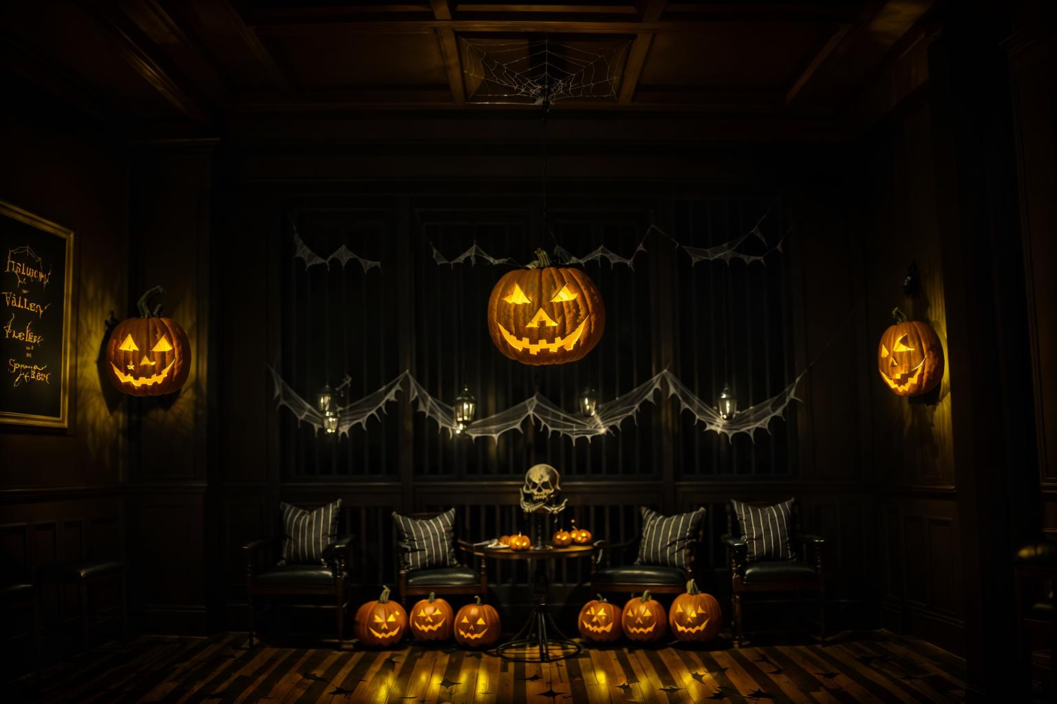 halloween-style (coffee shop interior) . with glowing pumpkins and spiderwebs and human skulls and lanterns and skeletons sitting and standing and yellow black balloons and cobwebs and cobwebs. . cinematic photo, highly detailed, cinematic lighting, ultra-detailed, ultrarealistic, photorealism, 8k. halloween interior design style. masterpiece, cinematic light, ultrarealistic+, photorealistic+, 8k, raw photo, realistic, sharp focus on eyes, (symmetrical eyes), (intact eyes), hyperrealistic, highest quality, best quality, , highly detailed, masterpiece, best quality, extremely detailed 8k wallpaper, masterpiece, best quality, ultra-detailed, best shadow, detailed background, detailed face, detailed eyes, high contrast, best illumination, detailed face, dulux, caustic, dynamic angle, detailed glow. dramatic lighting. highly detailed, insanely detailed hair, symmetrical, intricate details, professionally retouched, 8k high definition. strong bokeh. award winning photo.