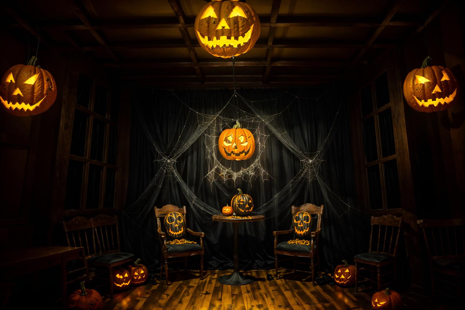 halloween-style (coffee shop interior) . with glowing pumpkins and spiderwebs and human skulls and lanterns and skeletons sitting and standing and yellow black balloons and cobwebs and cobwebs. . cinematic photo, highly detailed, cinematic lighting, ultra-detailed, ultrarealistic, photorealism, 8k. halloween interior design style. masterpiece, cinematic light, ultrarealistic+, photorealistic+, 8k, raw photo, realistic, sharp focus on eyes, (symmetrical eyes), (intact eyes), hyperrealistic, highest quality, best quality, , highly detailed, masterpiece, best quality, extremely detailed 8k wallpaper, masterpiece, best quality, ultra-detailed, best shadow, detailed background, detailed face, detailed eyes, high contrast, best illumination, detailed face, dulux, caustic, dynamic angle, detailed glow. dramatic lighting. highly detailed, insanely detailed hair, symmetrical, intricate details, professionally retouched, 8k high definition. strong bokeh. award winning photo.