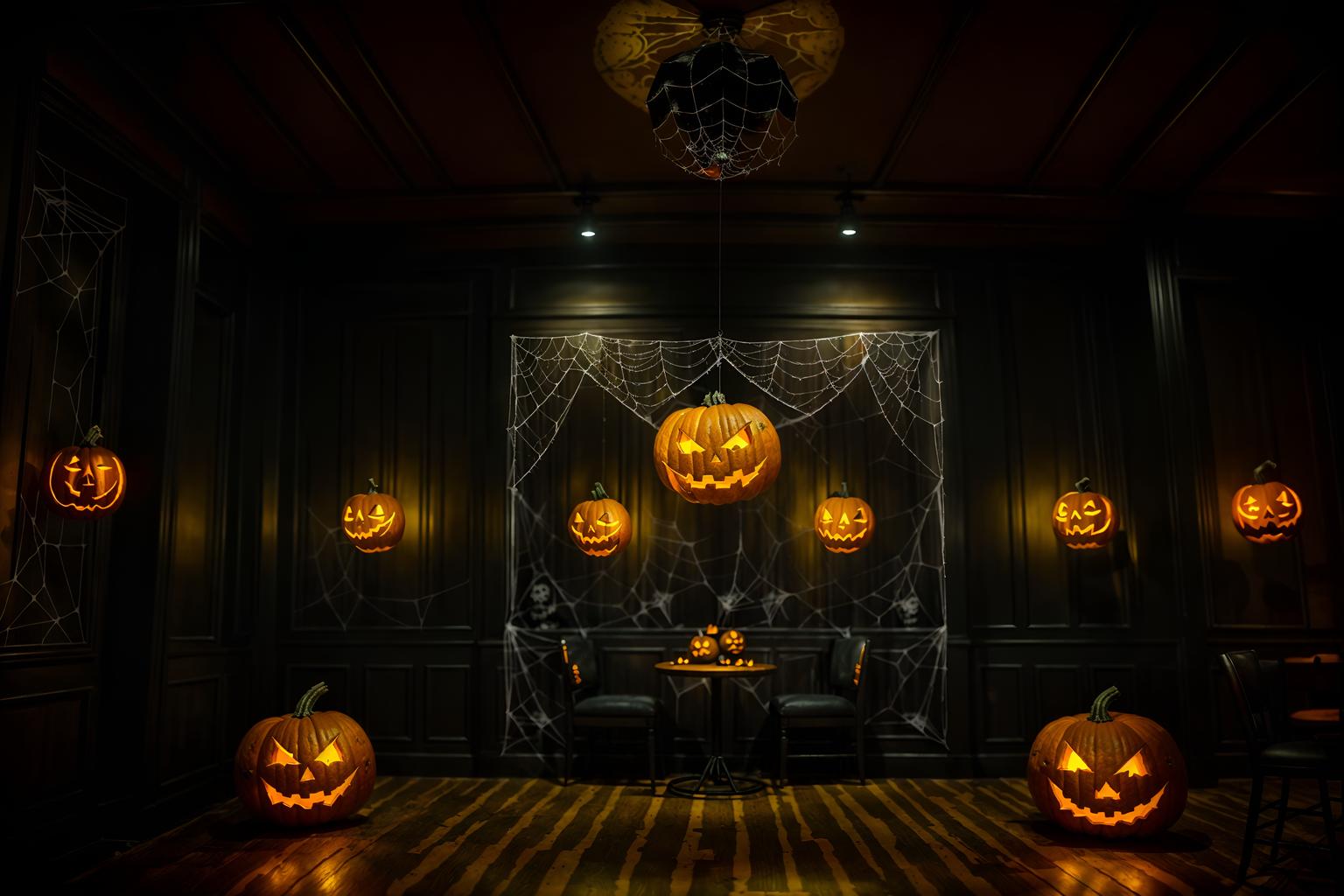 halloween-style (coffee shop interior) . with glowing pumpkins and spiderwebs and human skulls and lanterns and skeletons sitting and standing and yellow black balloons and cobwebs and cobwebs. . cinematic photo, highly detailed, cinematic lighting, ultra-detailed, ultrarealistic, photorealism, 8k. halloween interior design style. masterpiece, cinematic light, ultrarealistic+, photorealistic+, 8k, raw photo, realistic, sharp focus on eyes, (symmetrical eyes), (intact eyes), hyperrealistic, highest quality, best quality, , highly detailed, masterpiece, best quality, extremely detailed 8k wallpaper, masterpiece, best quality, ultra-detailed, best shadow, detailed background, detailed face, detailed eyes, high contrast, best illumination, detailed face, dulux, caustic, dynamic angle, detailed glow. dramatic lighting. highly detailed, insanely detailed hair, symmetrical, intricate details, professionally retouched, 8k high definition. strong bokeh. award winning photo.