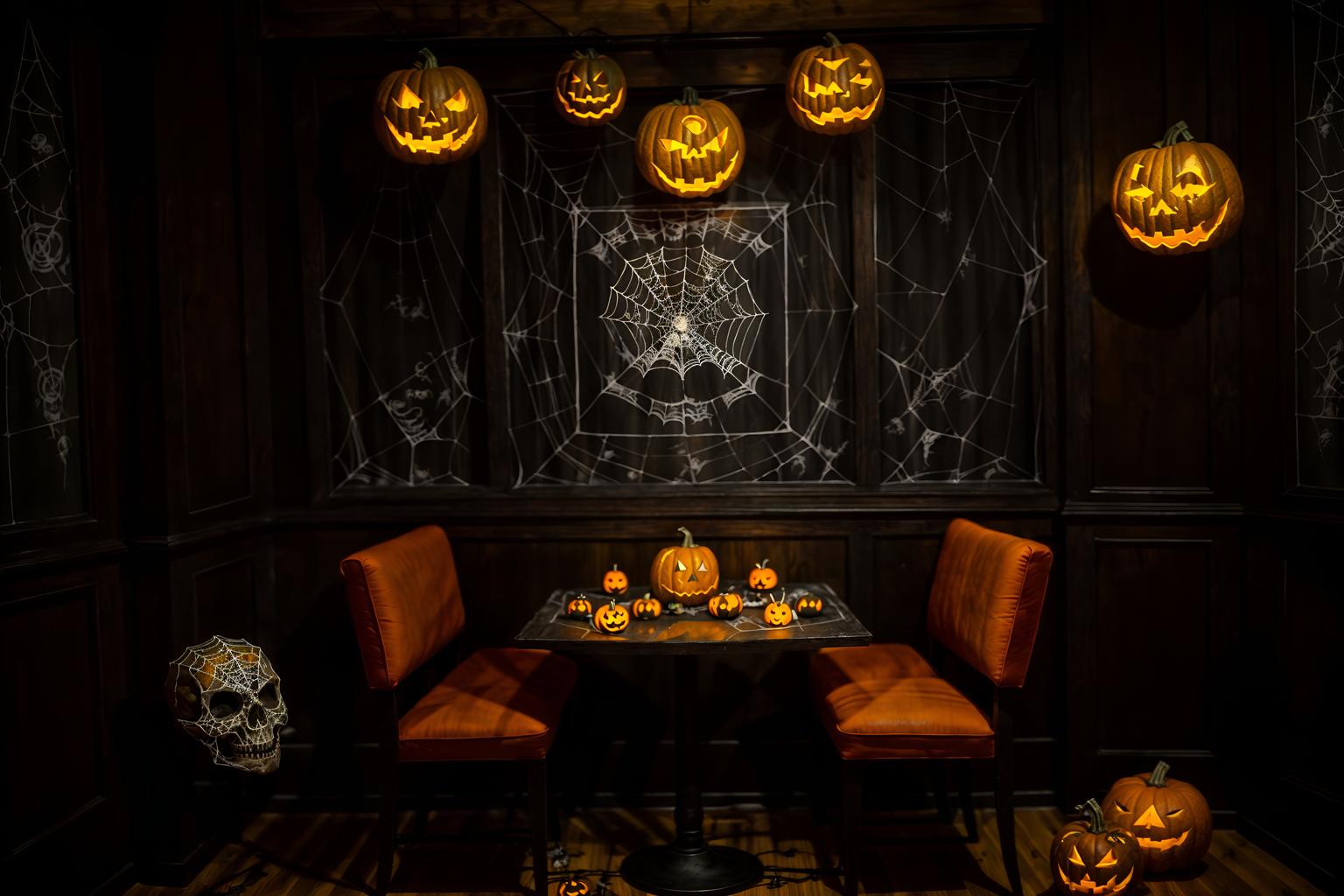 halloween-style (coffee shop interior) . with glowing pumpkins and spiderwebs and human skulls and lanterns and skeletons sitting and standing and yellow black balloons and cobwebs and cobwebs. . cinematic photo, highly detailed, cinematic lighting, ultra-detailed, ultrarealistic, photorealism, 8k. halloween interior design style. masterpiece, cinematic light, ultrarealistic+, photorealistic+, 8k, raw photo, realistic, sharp focus on eyes, (symmetrical eyes), (intact eyes), hyperrealistic, highest quality, best quality, , highly detailed, masterpiece, best quality, extremely detailed 8k wallpaper, masterpiece, best quality, ultra-detailed, best shadow, detailed background, detailed face, detailed eyes, high contrast, best illumination, detailed face, dulux, caustic, dynamic angle, detailed glow. dramatic lighting. highly detailed, insanely detailed hair, symmetrical, intricate details, professionally retouched, 8k high definition. strong bokeh. award winning photo.