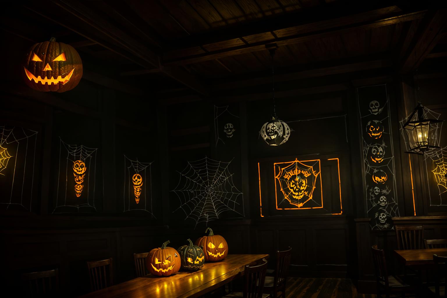 halloween-style (coffee shop interior) . with glowing pumpkins and spiderwebs and human skulls and lanterns and skeletons sitting and standing and yellow black balloons and cobwebs and cobwebs. . cinematic photo, highly detailed, cinematic lighting, ultra-detailed, ultrarealistic, photorealism, 8k. halloween interior design style. masterpiece, cinematic light, ultrarealistic+, photorealistic+, 8k, raw photo, realistic, sharp focus on eyes, (symmetrical eyes), (intact eyes), hyperrealistic, highest quality, best quality, , highly detailed, masterpiece, best quality, extremely detailed 8k wallpaper, masterpiece, best quality, ultra-detailed, best shadow, detailed background, detailed face, detailed eyes, high contrast, best illumination, detailed face, dulux, caustic, dynamic angle, detailed glow. dramatic lighting. highly detailed, insanely detailed hair, symmetrical, intricate details, professionally retouched, 8k high definition. strong bokeh. award winning photo.