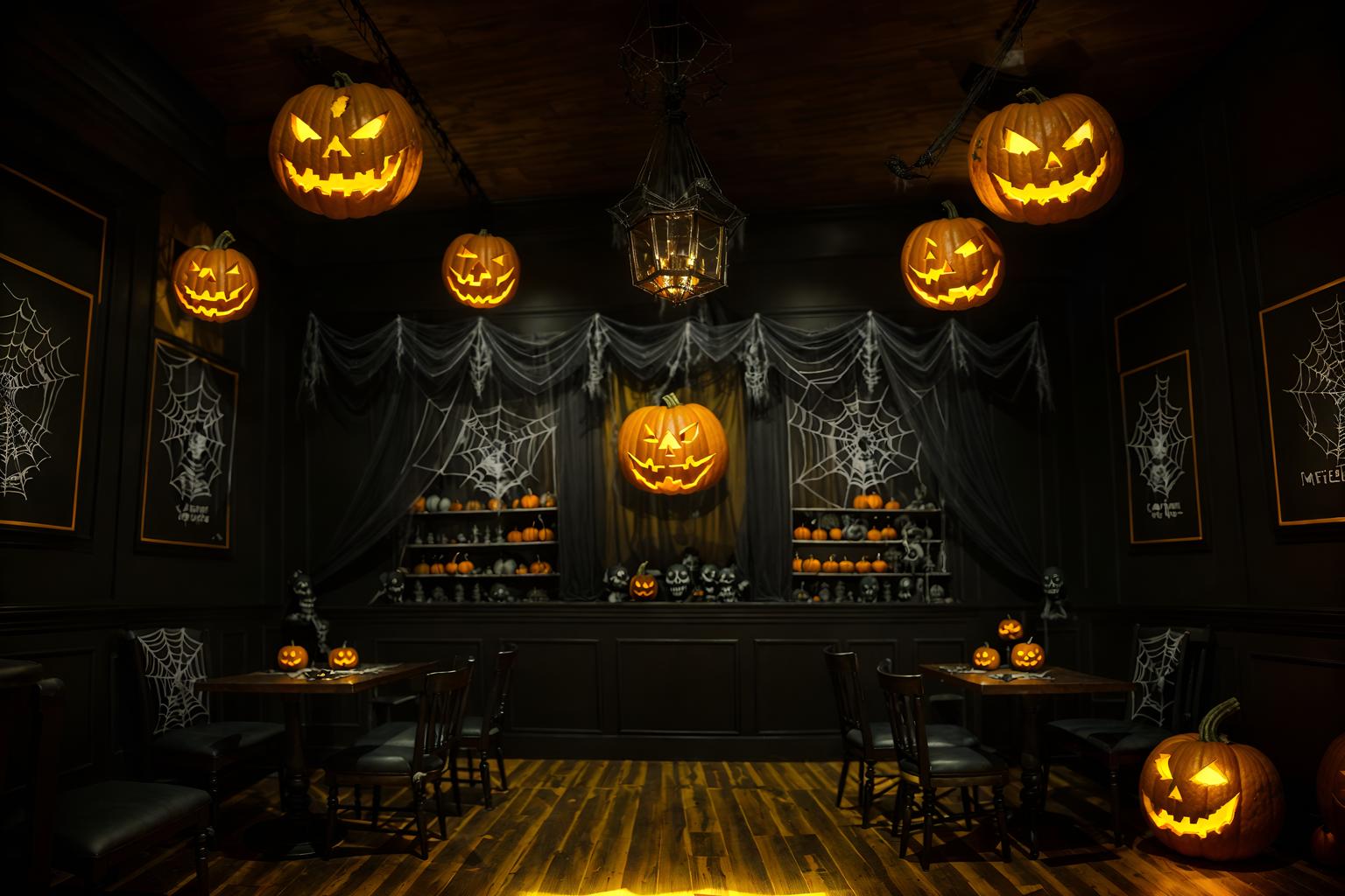 halloween-style (coffee shop interior) . with glowing pumpkins and spiderwebs and human skulls and lanterns and skeletons sitting and standing and yellow black balloons and cobwebs and cobwebs. . cinematic photo, highly detailed, cinematic lighting, ultra-detailed, ultrarealistic, photorealism, 8k. halloween interior design style. masterpiece, cinematic light, ultrarealistic+, photorealistic+, 8k, raw photo, realistic, sharp focus on eyes, (symmetrical eyes), (intact eyes), hyperrealistic, highest quality, best quality, , highly detailed, masterpiece, best quality, extremely detailed 8k wallpaper, masterpiece, best quality, ultra-detailed, best shadow, detailed background, detailed face, detailed eyes, high contrast, best illumination, detailed face, dulux, caustic, dynamic angle, detailed glow. dramatic lighting. highly detailed, insanely detailed hair, symmetrical, intricate details, professionally retouched, 8k high definition. strong bokeh. award winning photo.