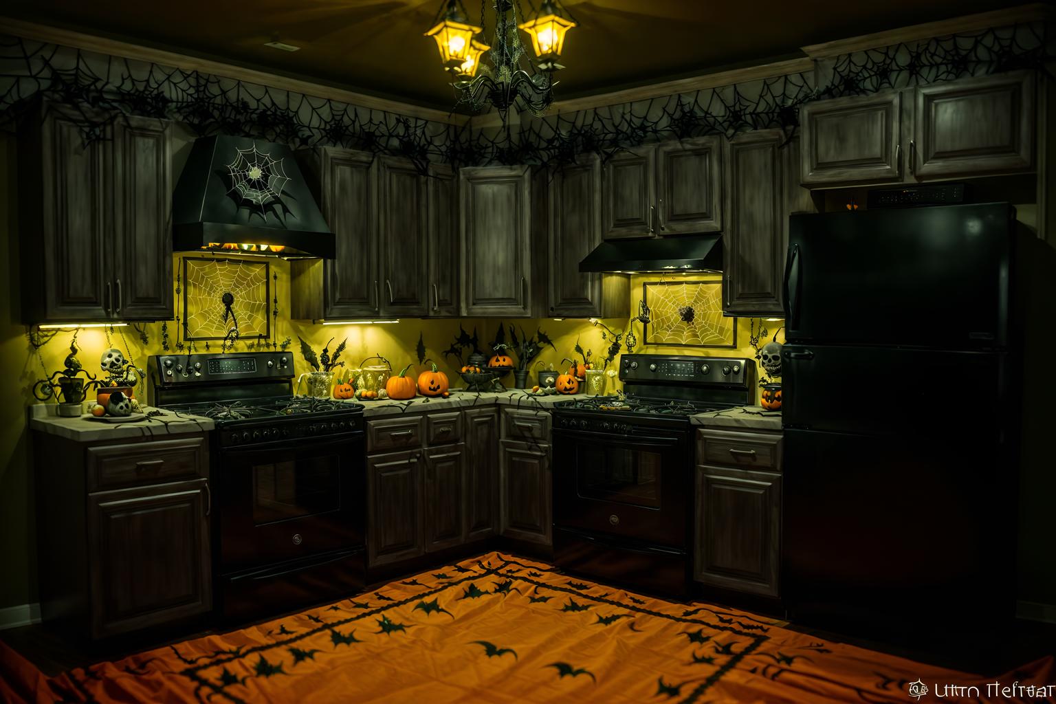 halloween-style (kitchen interior) with kitchen cabinets and refrigerator and sink and stove and worktops and plant and kitchen cabinets. . with cobwebs and lanterns and skeletons sitting and standing and glowing pumpkins and lanterns and cobwebs and spiderwebs and human skulls. . cinematic photo, highly detailed, cinematic lighting, ultra-detailed, ultrarealistic, photorealism, 8k. halloween interior design style. masterpiece, cinematic light, ultrarealistic+, photorealistic+, 8k, raw photo, realistic, sharp focus on eyes, (symmetrical eyes), (intact eyes), hyperrealistic, highest quality, best quality, , highly detailed, masterpiece, best quality, extremely detailed 8k wallpaper, masterpiece, best quality, ultra-detailed, best shadow, detailed background, detailed face, detailed eyes, high contrast, best illumination, detailed face, dulux, caustic, dynamic angle, detailed glow. dramatic lighting. highly detailed, insanely detailed hair, symmetrical, intricate details, professionally retouched, 8k high definition. strong bokeh. award winning photo.