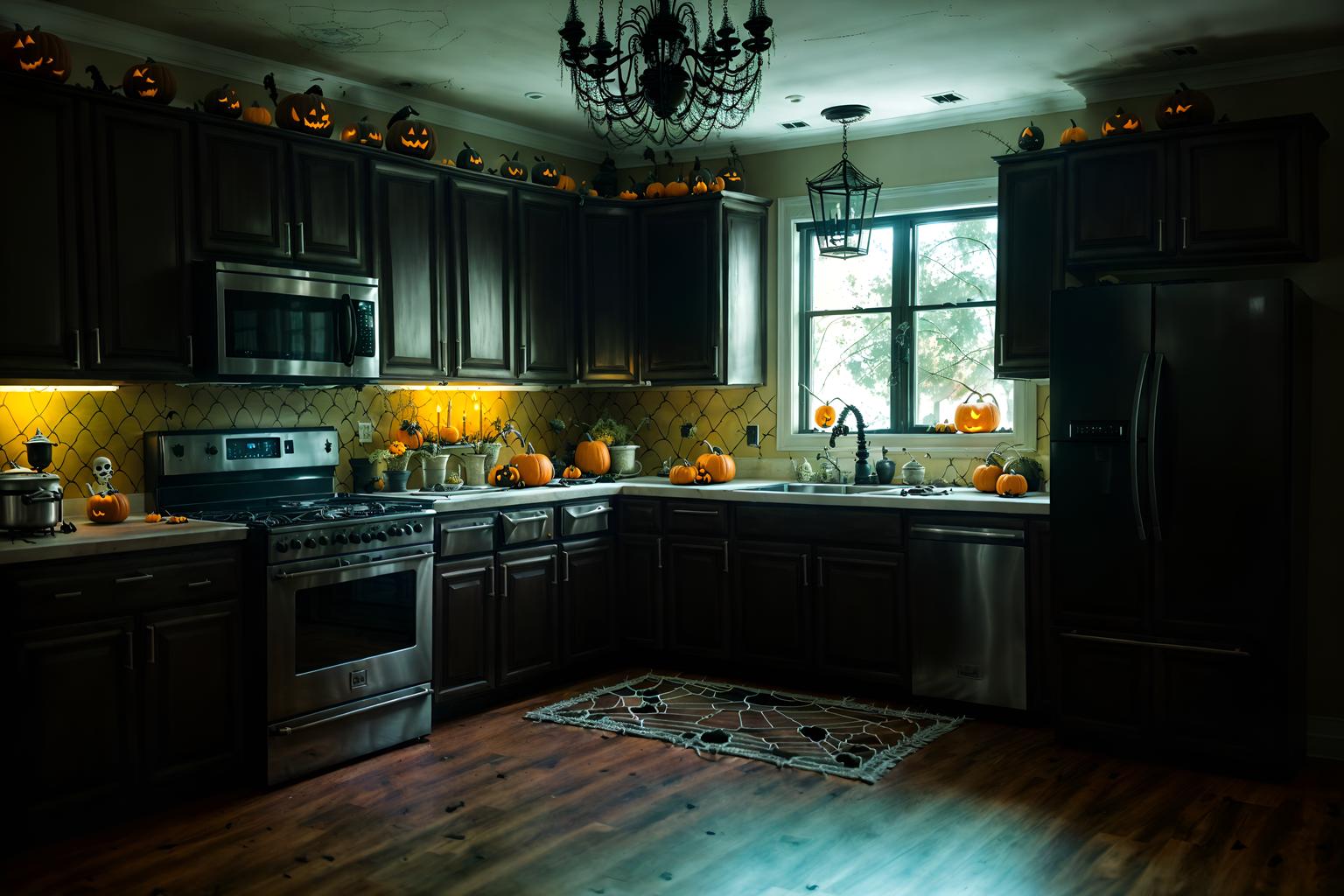 halloween-style (kitchen interior) with kitchen cabinets and refrigerator and sink and stove and worktops and plant and kitchen cabinets. . with cobwebs and lanterns and skeletons sitting and standing and glowing pumpkins and lanterns and cobwebs and spiderwebs and human skulls. . cinematic photo, highly detailed, cinematic lighting, ultra-detailed, ultrarealistic, photorealism, 8k. halloween interior design style. masterpiece, cinematic light, ultrarealistic+, photorealistic+, 8k, raw photo, realistic, sharp focus on eyes, (symmetrical eyes), (intact eyes), hyperrealistic, highest quality, best quality, , highly detailed, masterpiece, best quality, extremely detailed 8k wallpaper, masterpiece, best quality, ultra-detailed, best shadow, detailed background, detailed face, detailed eyes, high contrast, best illumination, detailed face, dulux, caustic, dynamic angle, detailed glow. dramatic lighting. highly detailed, insanely detailed hair, symmetrical, intricate details, professionally retouched, 8k high definition. strong bokeh. award winning photo.