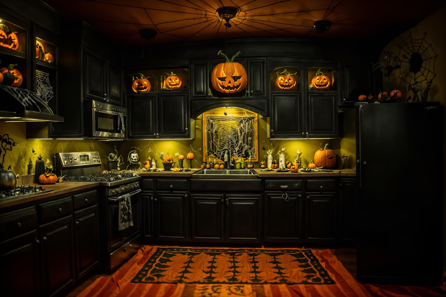 halloween-style (kitchen interior) with kitchen cabinets and refrigerator and sink and stove and worktops and plant and kitchen cabinets. . with cobwebs and lanterns and skeletons sitting and standing and glowing pumpkins and lanterns and cobwebs and spiderwebs and human skulls. . cinematic photo, highly detailed, cinematic lighting, ultra-detailed, ultrarealistic, photorealism, 8k. halloween interior design style. masterpiece, cinematic light, ultrarealistic+, photorealistic+, 8k, raw photo, realistic, sharp focus on eyes, (symmetrical eyes), (intact eyes), hyperrealistic, highest quality, best quality, , highly detailed, masterpiece, best quality, extremely detailed 8k wallpaper, masterpiece, best quality, ultra-detailed, best shadow, detailed background, detailed face, detailed eyes, high contrast, best illumination, detailed face, dulux, caustic, dynamic angle, detailed glow. dramatic lighting. highly detailed, insanely detailed hair, symmetrical, intricate details, professionally retouched, 8k high definition. strong bokeh. award winning photo.