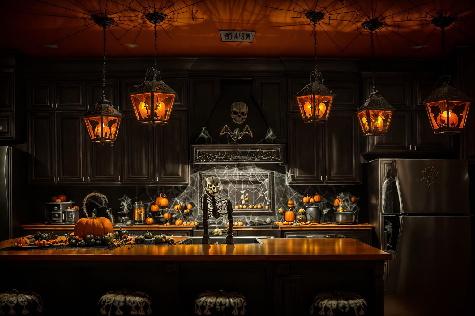 halloween-style (kitchen interior) with kitchen cabinets and refrigerator and sink and stove and worktops and plant and kitchen cabinets. . with cobwebs and lanterns and skeletons sitting and standing and glowing pumpkins and lanterns and cobwebs and spiderwebs and human skulls. . cinematic photo, highly detailed, cinematic lighting, ultra-detailed, ultrarealistic, photorealism, 8k. halloween interior design style. masterpiece, cinematic light, ultrarealistic+, photorealistic+, 8k, raw photo, realistic, sharp focus on eyes, (symmetrical eyes), (intact eyes), hyperrealistic, highest quality, best quality, , highly detailed, masterpiece, best quality, extremely detailed 8k wallpaper, masterpiece, best quality, ultra-detailed, best shadow, detailed background, detailed face, detailed eyes, high contrast, best illumination, detailed face, dulux, caustic, dynamic angle, detailed glow. dramatic lighting. highly detailed, insanely detailed hair, symmetrical, intricate details, professionally retouched, 8k high definition. strong bokeh. award winning photo.
