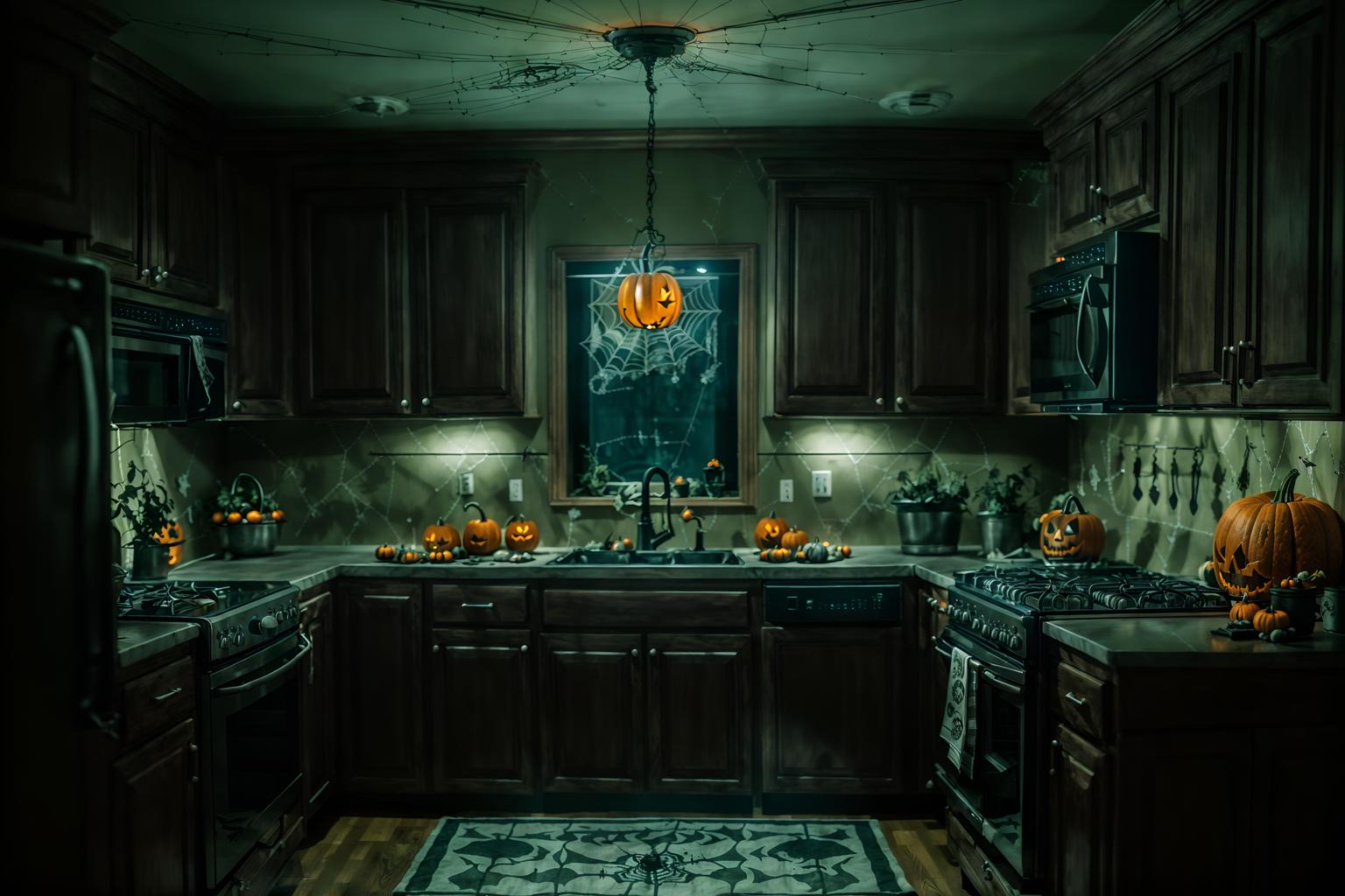 halloween-style (kitchen interior) with kitchen cabinets and refrigerator and sink and stove and worktops and plant and kitchen cabinets. . with cobwebs and lanterns and skeletons sitting and standing and glowing pumpkins and lanterns and cobwebs and spiderwebs and human skulls. . cinematic photo, highly detailed, cinematic lighting, ultra-detailed, ultrarealistic, photorealism, 8k. halloween interior design style. masterpiece, cinematic light, ultrarealistic+, photorealistic+, 8k, raw photo, realistic, sharp focus on eyes, (symmetrical eyes), (intact eyes), hyperrealistic, highest quality, best quality, , highly detailed, masterpiece, best quality, extremely detailed 8k wallpaper, masterpiece, best quality, ultra-detailed, best shadow, detailed background, detailed face, detailed eyes, high contrast, best illumination, detailed face, dulux, caustic, dynamic angle, detailed glow. dramatic lighting. highly detailed, insanely detailed hair, symmetrical, intricate details, professionally retouched, 8k high definition. strong bokeh. award winning photo.