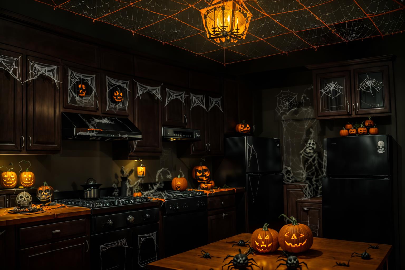 halloween-style (kitchen interior) with kitchen cabinets and refrigerator and sink and stove and worktops and plant and kitchen cabinets. . with cobwebs and lanterns and skeletons sitting and standing and glowing pumpkins and lanterns and cobwebs and spiderwebs and human skulls. . cinematic photo, highly detailed, cinematic lighting, ultra-detailed, ultrarealistic, photorealism, 8k. halloween interior design style. masterpiece, cinematic light, ultrarealistic+, photorealistic+, 8k, raw photo, realistic, sharp focus on eyes, (symmetrical eyes), (intact eyes), hyperrealistic, highest quality, best quality, , highly detailed, masterpiece, best quality, extremely detailed 8k wallpaper, masterpiece, best quality, ultra-detailed, best shadow, detailed background, detailed face, detailed eyes, high contrast, best illumination, detailed face, dulux, caustic, dynamic angle, detailed glow. dramatic lighting. highly detailed, insanely detailed hair, symmetrical, intricate details, professionally retouched, 8k high definition. strong bokeh. award winning photo.