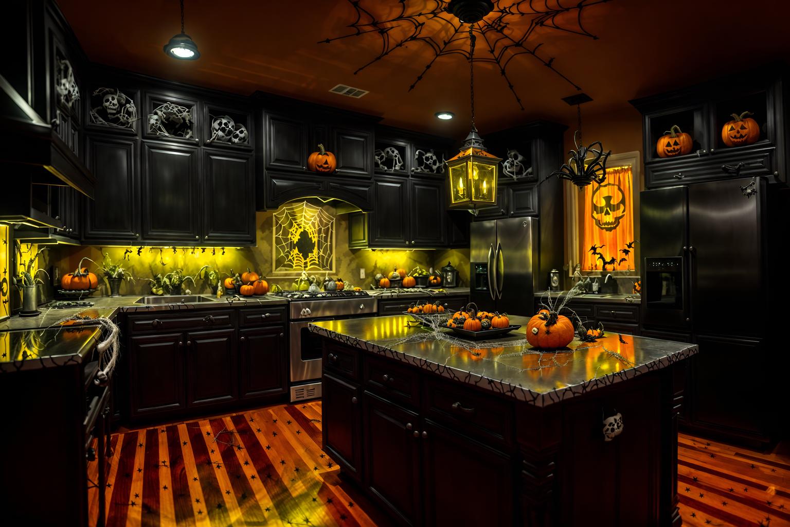 halloween-style (kitchen interior) with kitchen cabinets and refrigerator and sink and stove and worktops and plant and kitchen cabinets. . with cobwebs and lanterns and skeletons sitting and standing and glowing pumpkins and lanterns and cobwebs and spiderwebs and human skulls. . cinematic photo, highly detailed, cinematic lighting, ultra-detailed, ultrarealistic, photorealism, 8k. halloween interior design style. masterpiece, cinematic light, ultrarealistic+, photorealistic+, 8k, raw photo, realistic, sharp focus on eyes, (symmetrical eyes), (intact eyes), hyperrealistic, highest quality, best quality, , highly detailed, masterpiece, best quality, extremely detailed 8k wallpaper, masterpiece, best quality, ultra-detailed, best shadow, detailed background, detailed face, detailed eyes, high contrast, best illumination, detailed face, dulux, caustic, dynamic angle, detailed glow. dramatic lighting. highly detailed, insanely detailed hair, symmetrical, intricate details, professionally retouched, 8k high definition. strong bokeh. award winning photo.