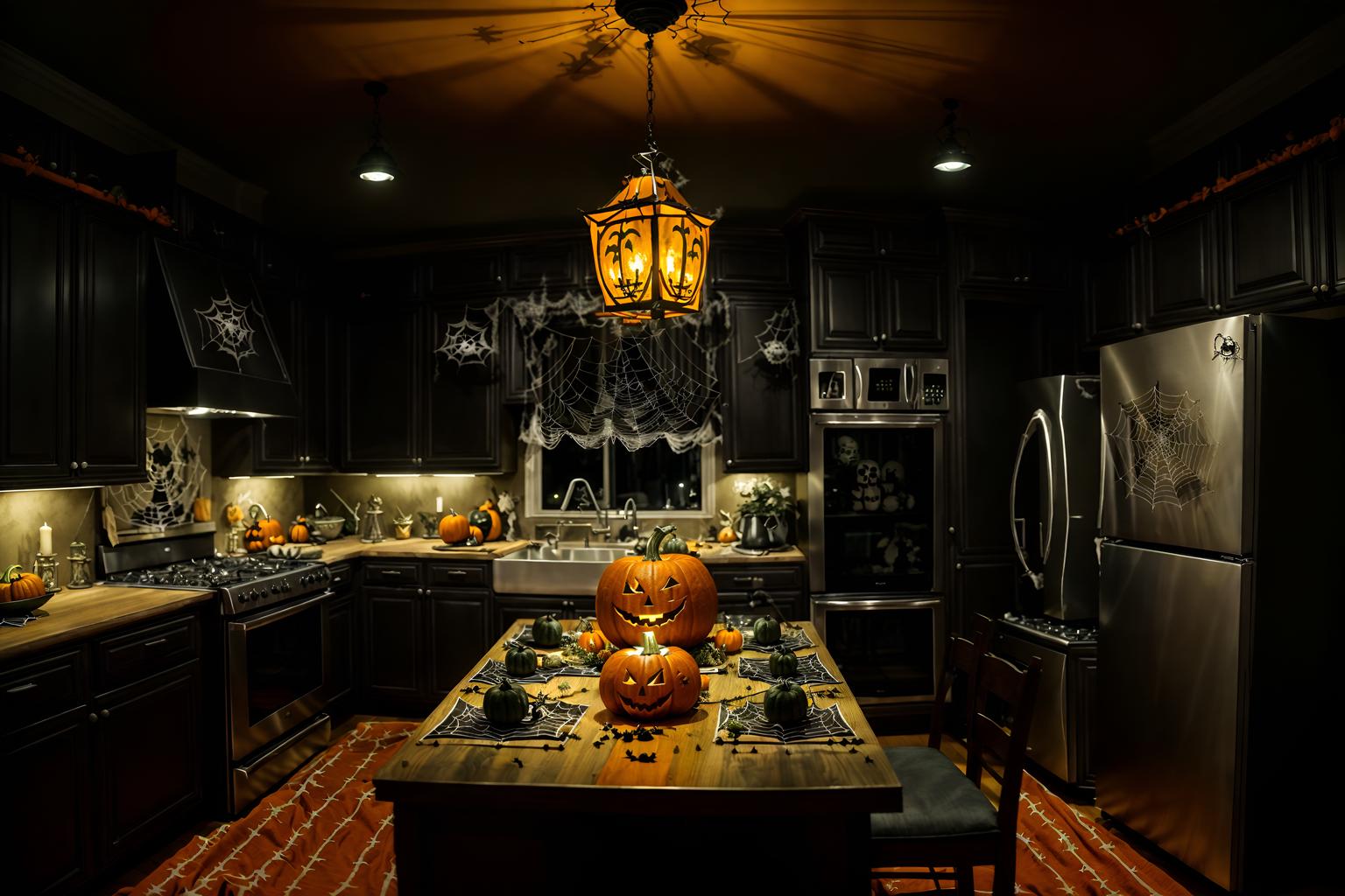 halloween-style (kitchen interior) with kitchen cabinets and refrigerator and sink and stove and worktops and plant and kitchen cabinets. . with cobwebs and lanterns and skeletons sitting and standing and glowing pumpkins and lanterns and cobwebs and spiderwebs and human skulls. . cinematic photo, highly detailed, cinematic lighting, ultra-detailed, ultrarealistic, photorealism, 8k. halloween interior design style. masterpiece, cinematic light, ultrarealistic+, photorealistic+, 8k, raw photo, realistic, sharp focus on eyes, (symmetrical eyes), (intact eyes), hyperrealistic, highest quality, best quality, , highly detailed, masterpiece, best quality, extremely detailed 8k wallpaper, masterpiece, best quality, ultra-detailed, best shadow, detailed background, detailed face, detailed eyes, high contrast, best illumination, detailed face, dulux, caustic, dynamic angle, detailed glow. dramatic lighting. highly detailed, insanely detailed hair, symmetrical, intricate details, professionally retouched, 8k high definition. strong bokeh. award winning photo.