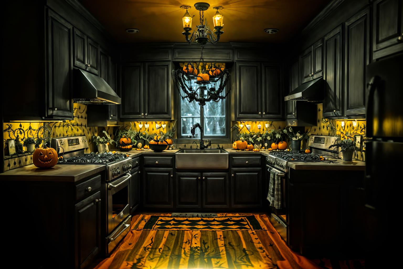 halloween-style (kitchen interior) with kitchen cabinets and refrigerator and sink and stove and worktops and plant and kitchen cabinets. . with cobwebs and lanterns and skeletons sitting and standing and glowing pumpkins and lanterns and cobwebs and spiderwebs and human skulls. . cinematic photo, highly detailed, cinematic lighting, ultra-detailed, ultrarealistic, photorealism, 8k. halloween interior design style. masterpiece, cinematic light, ultrarealistic+, photorealistic+, 8k, raw photo, realistic, sharp focus on eyes, (symmetrical eyes), (intact eyes), hyperrealistic, highest quality, best quality, , highly detailed, masterpiece, best quality, extremely detailed 8k wallpaper, masterpiece, best quality, ultra-detailed, best shadow, detailed background, detailed face, detailed eyes, high contrast, best illumination, detailed face, dulux, caustic, dynamic angle, detailed glow. dramatic lighting. highly detailed, insanely detailed hair, symmetrical, intricate details, professionally retouched, 8k high definition. strong bokeh. award winning photo.