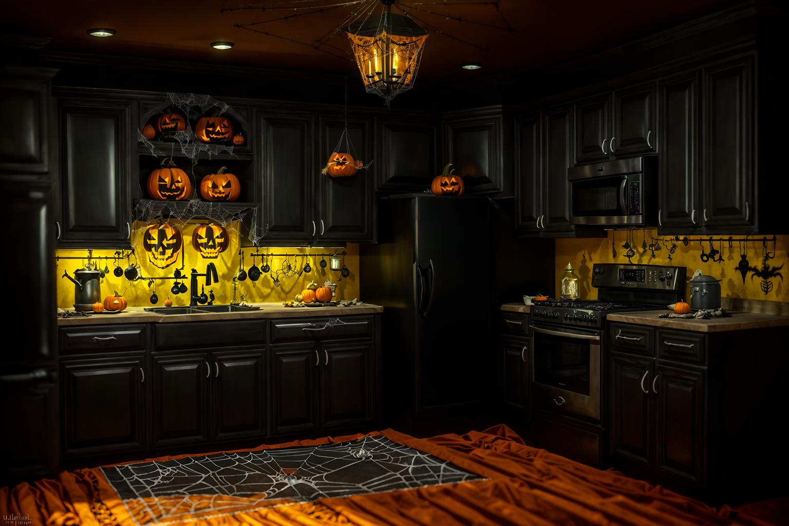 halloween-style (kitchen interior) with kitchen cabinets and refrigerator and sink and stove and worktops and plant and kitchen cabinets. . with cobwebs and lanterns and skeletons sitting and standing and glowing pumpkins and lanterns and cobwebs and spiderwebs and human skulls. . cinematic photo, highly detailed, cinematic lighting, ultra-detailed, ultrarealistic, photorealism, 8k. halloween interior design style. masterpiece, cinematic light, ultrarealistic+, photorealistic+, 8k, raw photo, realistic, sharp focus on eyes, (symmetrical eyes), (intact eyes), hyperrealistic, highest quality, best quality, , highly detailed, masterpiece, best quality, extremely detailed 8k wallpaper, masterpiece, best quality, ultra-detailed, best shadow, detailed background, detailed face, detailed eyes, high contrast, best illumination, detailed face, dulux, caustic, dynamic angle, detailed glow. dramatic lighting. highly detailed, insanely detailed hair, symmetrical, intricate details, professionally retouched, 8k high definition. strong bokeh. award winning photo.