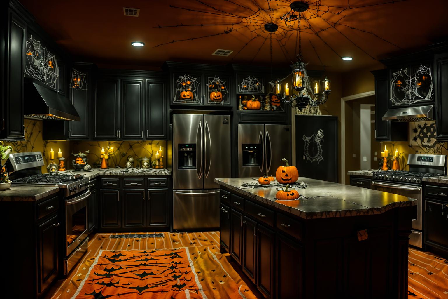 halloween-style (kitchen interior) with kitchen cabinets and refrigerator and sink and stove and worktops and plant and kitchen cabinets. . with cobwebs and lanterns and skeletons sitting and standing and glowing pumpkins and lanterns and cobwebs and spiderwebs and human skulls. . cinematic photo, highly detailed, cinematic lighting, ultra-detailed, ultrarealistic, photorealism, 8k. halloween interior design style. masterpiece, cinematic light, ultrarealistic+, photorealistic+, 8k, raw photo, realistic, sharp focus on eyes, (symmetrical eyes), (intact eyes), hyperrealistic, highest quality, best quality, , highly detailed, masterpiece, best quality, extremely detailed 8k wallpaper, masterpiece, best quality, ultra-detailed, best shadow, detailed background, detailed face, detailed eyes, high contrast, best illumination, detailed face, dulux, caustic, dynamic angle, detailed glow. dramatic lighting. highly detailed, insanely detailed hair, symmetrical, intricate details, professionally retouched, 8k high definition. strong bokeh. award winning photo.