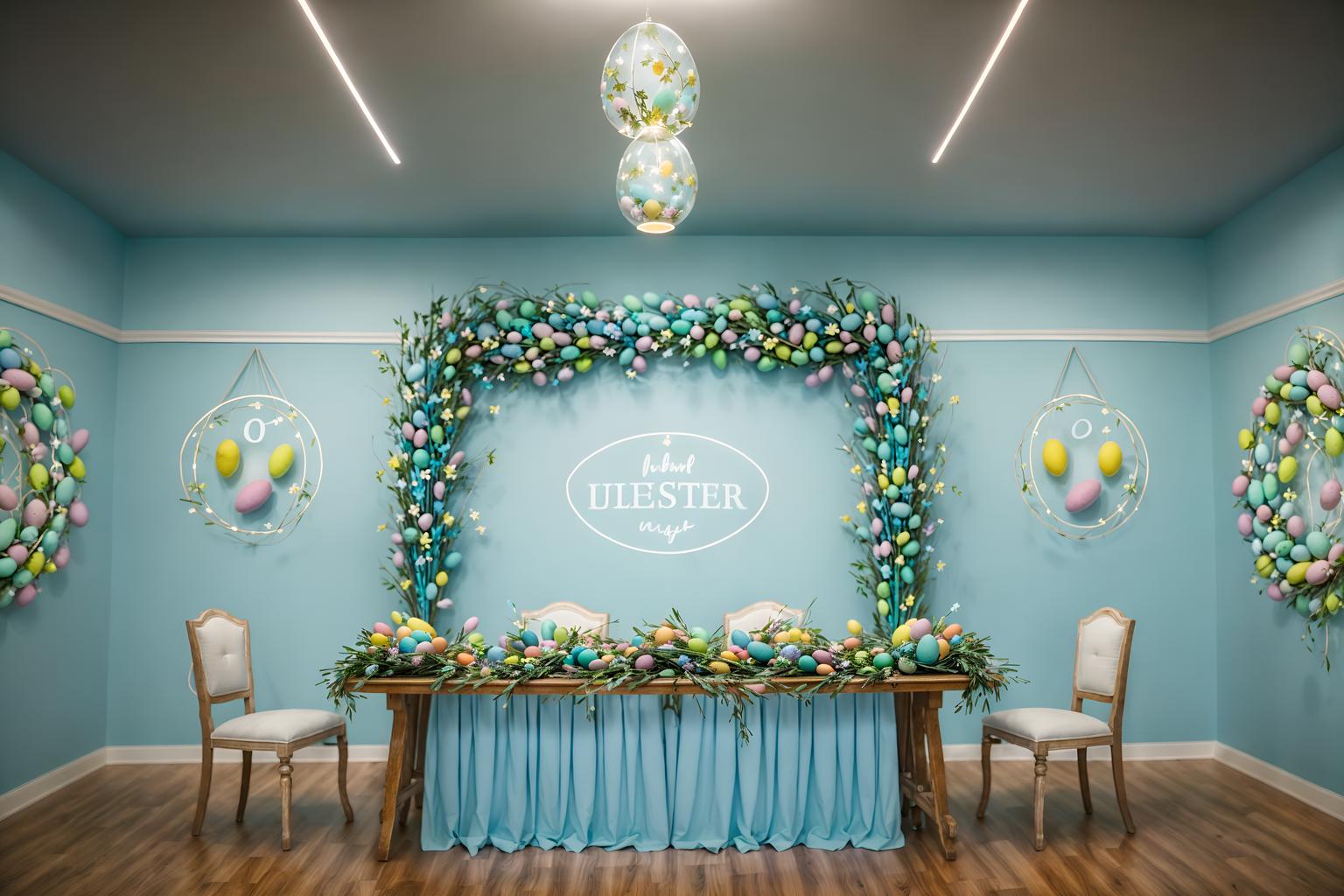 easter-style (exhibition space interior) . with easter decorations and light blue colors and flowers on table and spring decorations and colorful easter eggs and easter decorations. . cinematic photo, highly detailed, cinematic lighting, ultra-detailed, ultrarealistic, photorealism, 8k. easter interior design style. masterpiece, cinematic light, ultrarealistic+, photorealistic+, 8k, raw photo, realistic, sharp focus on eyes, (symmetrical eyes), (intact eyes), hyperrealistic, highest quality, best quality, , highly detailed, masterpiece, best quality, extremely detailed 8k wallpaper, masterpiece, best quality, ultra-detailed, best shadow, detailed background, detailed face, detailed eyes, high contrast, best illumination, detailed face, dulux, caustic, dynamic angle, detailed glow. dramatic lighting. highly detailed, insanely detailed hair, symmetrical, intricate details, professionally retouched, 8k high definition. strong bokeh. award winning photo.