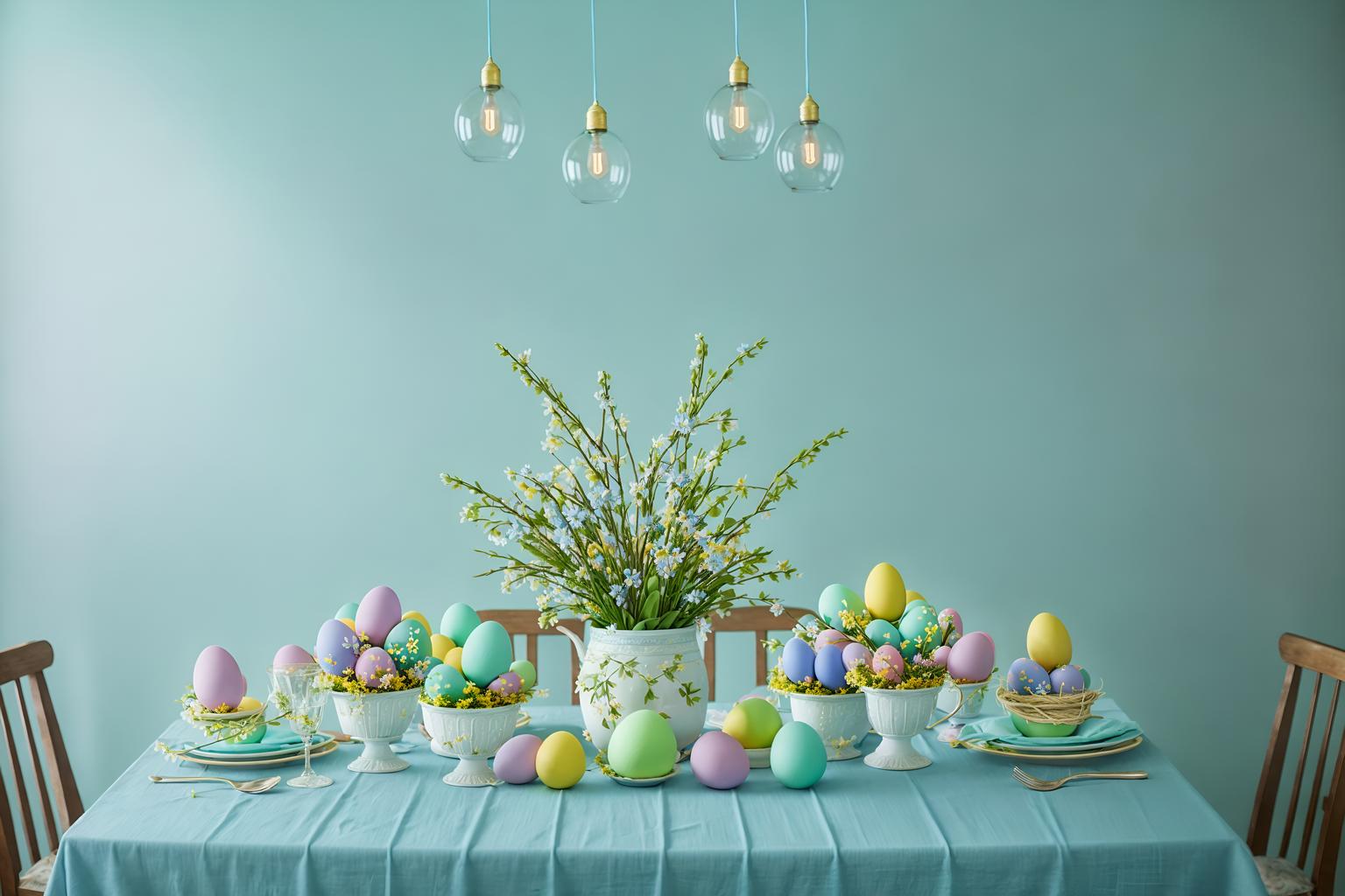 easter-style (exhibition space interior) . with easter decorations and light blue colors and flowers on table and spring decorations and colorful easter eggs and easter decorations. . cinematic photo, highly detailed, cinematic lighting, ultra-detailed, ultrarealistic, photorealism, 8k. easter interior design style. masterpiece, cinematic light, ultrarealistic+, photorealistic+, 8k, raw photo, realistic, sharp focus on eyes, (symmetrical eyes), (intact eyes), hyperrealistic, highest quality, best quality, , highly detailed, masterpiece, best quality, extremely detailed 8k wallpaper, masterpiece, best quality, ultra-detailed, best shadow, detailed background, detailed face, detailed eyes, high contrast, best illumination, detailed face, dulux, caustic, dynamic angle, detailed glow. dramatic lighting. highly detailed, insanely detailed hair, symmetrical, intricate details, professionally retouched, 8k high definition. strong bokeh. award winning photo.