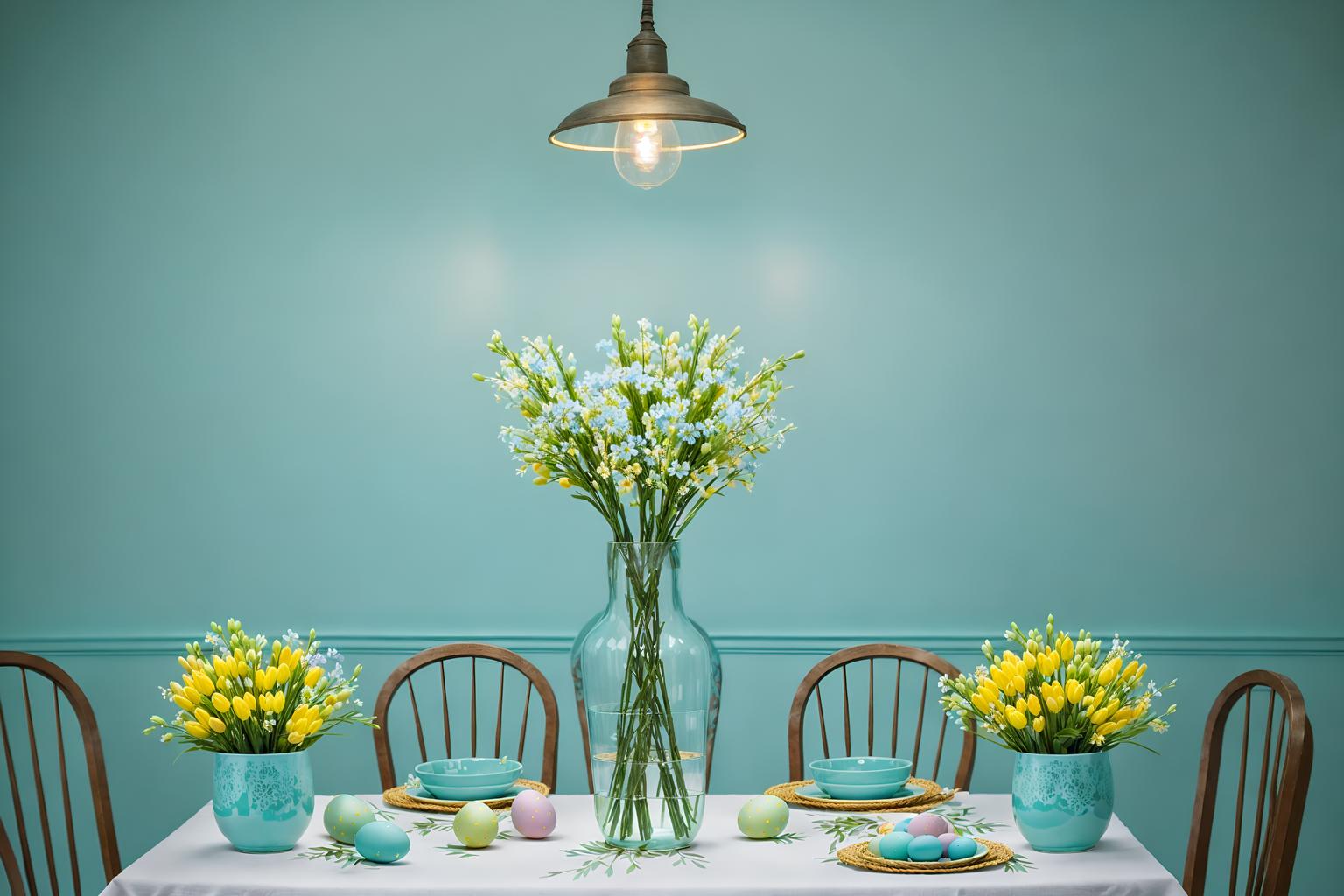 easter-style (exhibition space interior) . with easter decorations and light blue colors and flowers on table and spring decorations and colorful easter eggs and easter decorations. . cinematic photo, highly detailed, cinematic lighting, ultra-detailed, ultrarealistic, photorealism, 8k. easter interior design style. masterpiece, cinematic light, ultrarealistic+, photorealistic+, 8k, raw photo, realistic, sharp focus on eyes, (symmetrical eyes), (intact eyes), hyperrealistic, highest quality, best quality, , highly detailed, masterpiece, best quality, extremely detailed 8k wallpaper, masterpiece, best quality, ultra-detailed, best shadow, detailed background, detailed face, detailed eyes, high contrast, best illumination, detailed face, dulux, caustic, dynamic angle, detailed glow. dramatic lighting. highly detailed, insanely detailed hair, symmetrical, intricate details, professionally retouched, 8k high definition. strong bokeh. award winning photo.