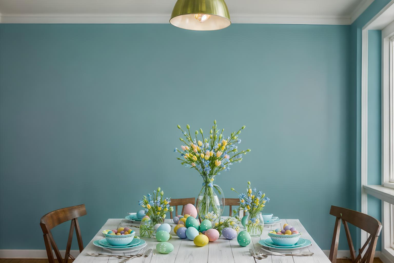easter-style (exhibition space interior) . with easter decorations and light blue colors and flowers on table and spring decorations and colorful easter eggs and easter decorations. . cinematic photo, highly detailed, cinematic lighting, ultra-detailed, ultrarealistic, photorealism, 8k. easter interior design style. masterpiece, cinematic light, ultrarealistic+, photorealistic+, 8k, raw photo, realistic, sharp focus on eyes, (symmetrical eyes), (intact eyes), hyperrealistic, highest quality, best quality, , highly detailed, masterpiece, best quality, extremely detailed 8k wallpaper, masterpiece, best quality, ultra-detailed, best shadow, detailed background, detailed face, detailed eyes, high contrast, best illumination, detailed face, dulux, caustic, dynamic angle, detailed glow. dramatic lighting. highly detailed, insanely detailed hair, symmetrical, intricate details, professionally retouched, 8k high definition. strong bokeh. award winning photo.