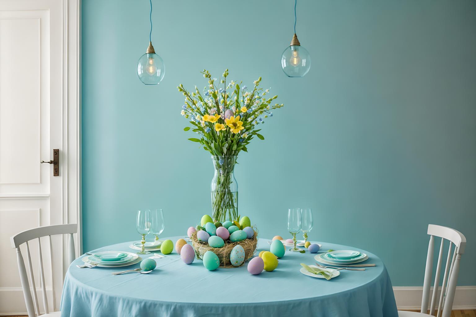 easter-style (exhibition space interior) . with easter decorations and light blue colors and flowers on table and spring decorations and colorful easter eggs and easter decorations. . cinematic photo, highly detailed, cinematic lighting, ultra-detailed, ultrarealistic, photorealism, 8k. easter interior design style. masterpiece, cinematic light, ultrarealistic+, photorealistic+, 8k, raw photo, realistic, sharp focus on eyes, (symmetrical eyes), (intact eyes), hyperrealistic, highest quality, best quality, , highly detailed, masterpiece, best quality, extremely detailed 8k wallpaper, masterpiece, best quality, ultra-detailed, best shadow, detailed background, detailed face, detailed eyes, high contrast, best illumination, detailed face, dulux, caustic, dynamic angle, detailed glow. dramatic lighting. highly detailed, insanely detailed hair, symmetrical, intricate details, professionally retouched, 8k high definition. strong bokeh. award winning photo.