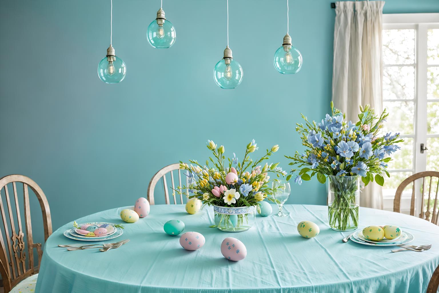 easter-style (exhibition space interior) . with easter decorations and light blue colors and flowers on table and spring decorations and colorful easter eggs and easter decorations. . cinematic photo, highly detailed, cinematic lighting, ultra-detailed, ultrarealistic, photorealism, 8k. easter interior design style. masterpiece, cinematic light, ultrarealistic+, photorealistic+, 8k, raw photo, realistic, sharp focus on eyes, (symmetrical eyes), (intact eyes), hyperrealistic, highest quality, best quality, , highly detailed, masterpiece, best quality, extremely detailed 8k wallpaper, masterpiece, best quality, ultra-detailed, best shadow, detailed background, detailed face, detailed eyes, high contrast, best illumination, detailed face, dulux, caustic, dynamic angle, detailed glow. dramatic lighting. highly detailed, insanely detailed hair, symmetrical, intricate details, professionally retouched, 8k high definition. strong bokeh. award winning photo.