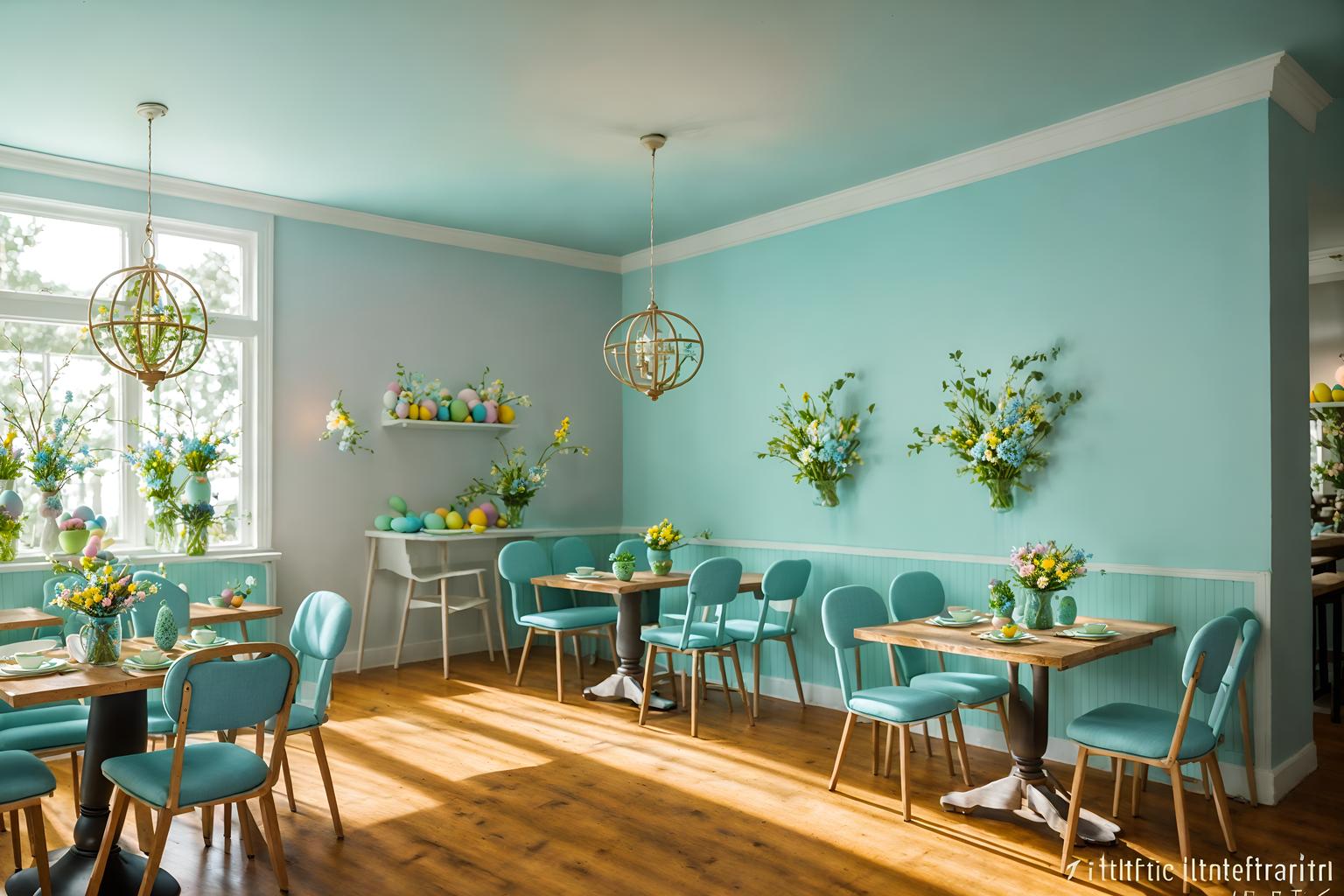 easter-style (coffee shop interior) . with light blue colors and spring decorations and easter decorations and flowers on table and colorful easter eggs and light blue colors. . cinematic photo, highly detailed, cinematic lighting, ultra-detailed, ultrarealistic, photorealism, 8k. easter interior design style. masterpiece, cinematic light, ultrarealistic+, photorealistic+, 8k, raw photo, realistic, sharp focus on eyes, (symmetrical eyes), (intact eyes), hyperrealistic, highest quality, best quality, , highly detailed, masterpiece, best quality, extremely detailed 8k wallpaper, masterpiece, best quality, ultra-detailed, best shadow, detailed background, detailed face, detailed eyes, high contrast, best illumination, detailed face, dulux, caustic, dynamic angle, detailed glow. dramatic lighting. highly detailed, insanely detailed hair, symmetrical, intricate details, professionally retouched, 8k high definition. strong bokeh. award winning photo.