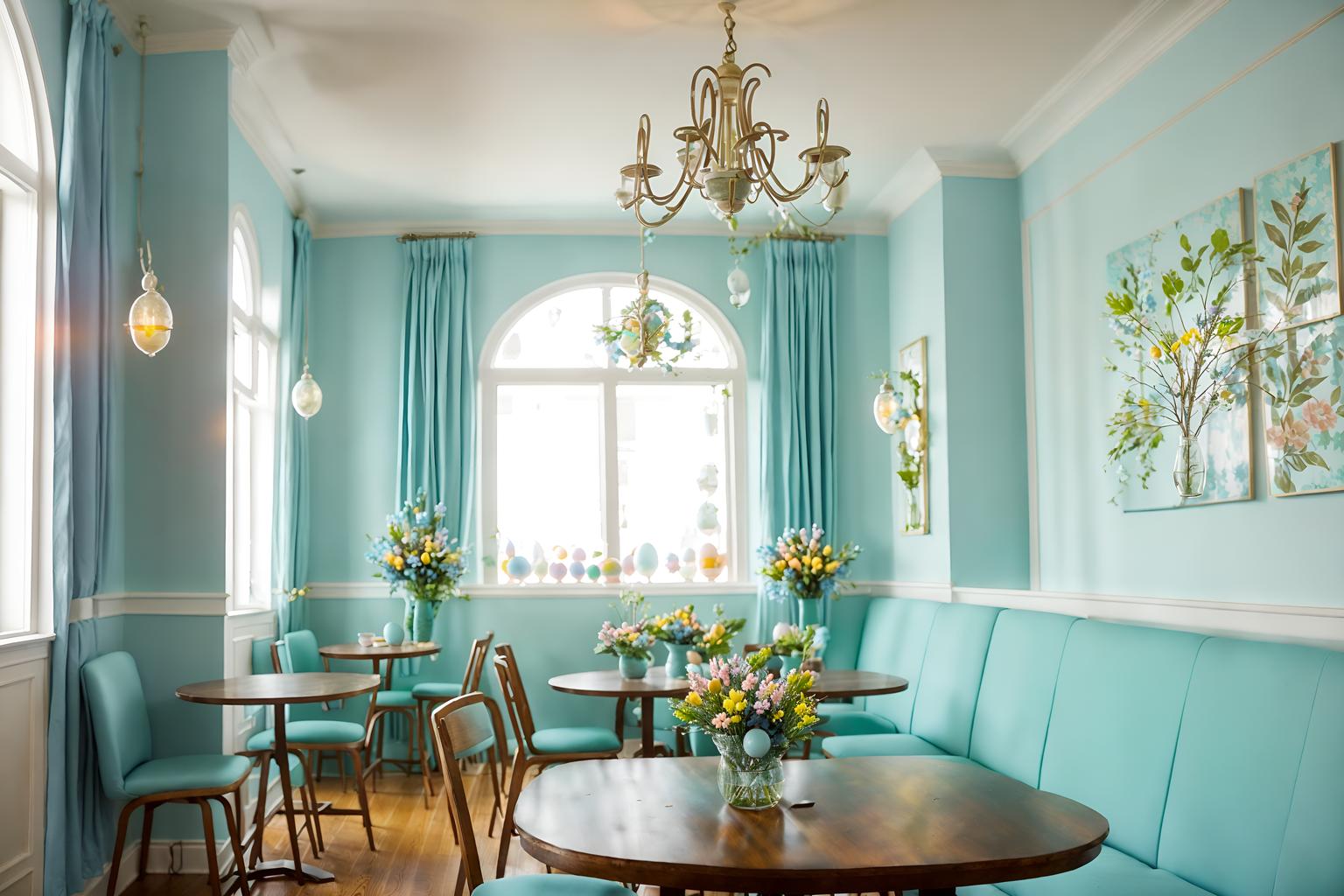 easter-style (coffee shop interior) . with light blue colors and spring decorations and easter decorations and flowers on table and colorful easter eggs and light blue colors. . cinematic photo, highly detailed, cinematic lighting, ultra-detailed, ultrarealistic, photorealism, 8k. easter interior design style. masterpiece, cinematic light, ultrarealistic+, photorealistic+, 8k, raw photo, realistic, sharp focus on eyes, (symmetrical eyes), (intact eyes), hyperrealistic, highest quality, best quality, , highly detailed, masterpiece, best quality, extremely detailed 8k wallpaper, masterpiece, best quality, ultra-detailed, best shadow, detailed background, detailed face, detailed eyes, high contrast, best illumination, detailed face, dulux, caustic, dynamic angle, detailed glow. dramatic lighting. highly detailed, insanely detailed hair, symmetrical, intricate details, professionally retouched, 8k high definition. strong bokeh. award winning photo.