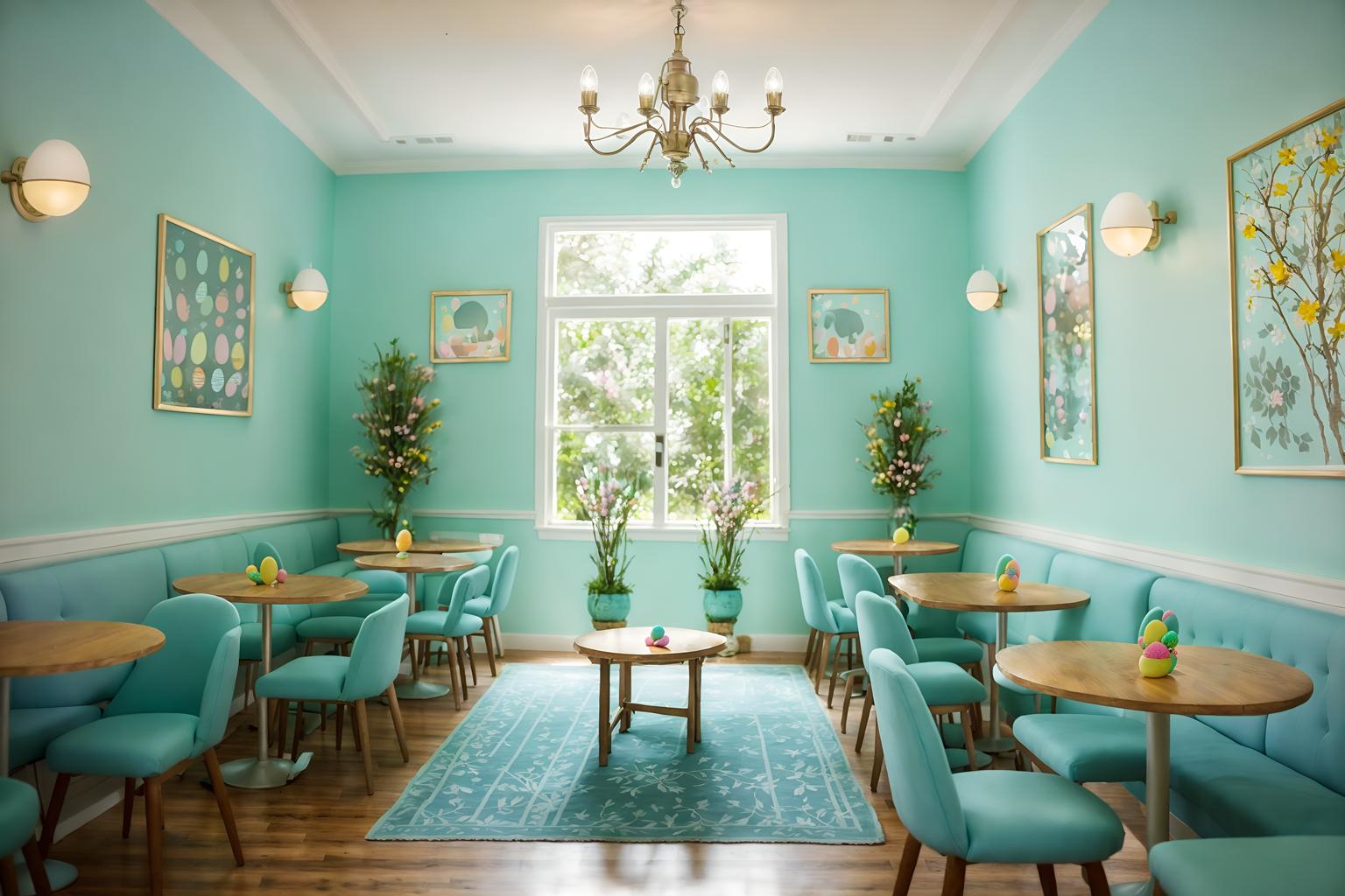 easter-style (coffee shop interior) . with light blue colors and spring decorations and easter decorations and flowers on table and colorful easter eggs and light blue colors. . cinematic photo, highly detailed, cinematic lighting, ultra-detailed, ultrarealistic, photorealism, 8k. easter interior design style. masterpiece, cinematic light, ultrarealistic+, photorealistic+, 8k, raw photo, realistic, sharp focus on eyes, (symmetrical eyes), (intact eyes), hyperrealistic, highest quality, best quality, , highly detailed, masterpiece, best quality, extremely detailed 8k wallpaper, masterpiece, best quality, ultra-detailed, best shadow, detailed background, detailed face, detailed eyes, high contrast, best illumination, detailed face, dulux, caustic, dynamic angle, detailed glow. dramatic lighting. highly detailed, insanely detailed hair, symmetrical, intricate details, professionally retouched, 8k high definition. strong bokeh. award winning photo.