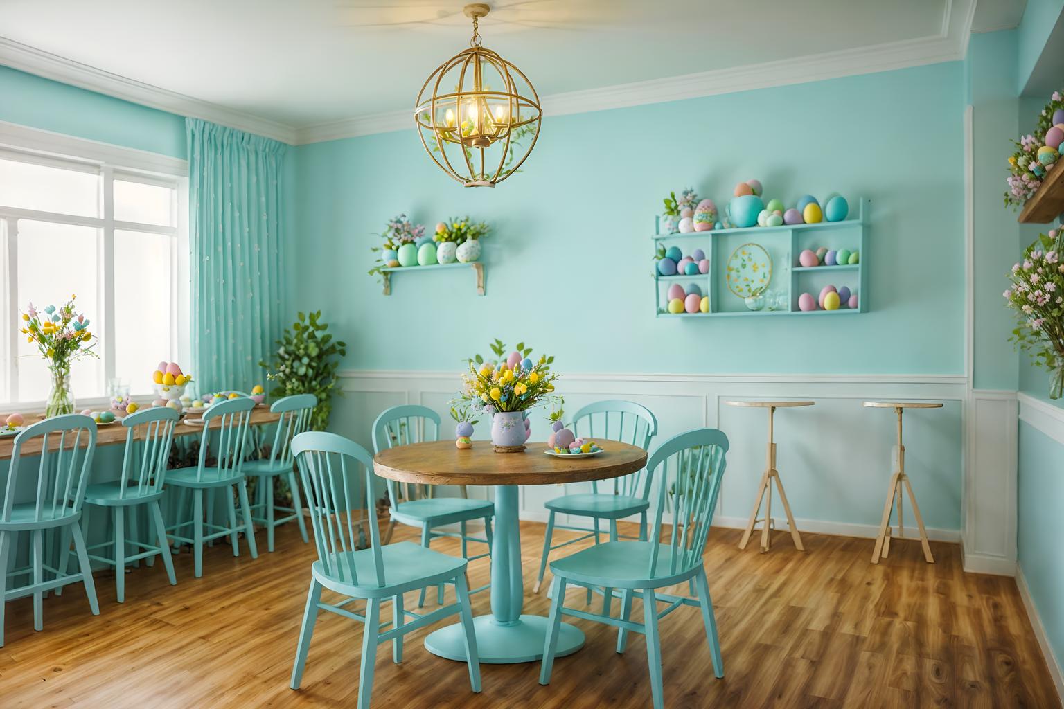 easter-style (coffee shop interior) . with light blue colors and spring decorations and easter decorations and flowers on table and colorful easter eggs and light blue colors. . cinematic photo, highly detailed, cinematic lighting, ultra-detailed, ultrarealistic, photorealism, 8k. easter interior design style. masterpiece, cinematic light, ultrarealistic+, photorealistic+, 8k, raw photo, realistic, sharp focus on eyes, (symmetrical eyes), (intact eyes), hyperrealistic, highest quality, best quality, , highly detailed, masterpiece, best quality, extremely detailed 8k wallpaper, masterpiece, best quality, ultra-detailed, best shadow, detailed background, detailed face, detailed eyes, high contrast, best illumination, detailed face, dulux, caustic, dynamic angle, detailed glow. dramatic lighting. highly detailed, insanely detailed hair, symmetrical, intricate details, professionally retouched, 8k high definition. strong bokeh. award winning photo.