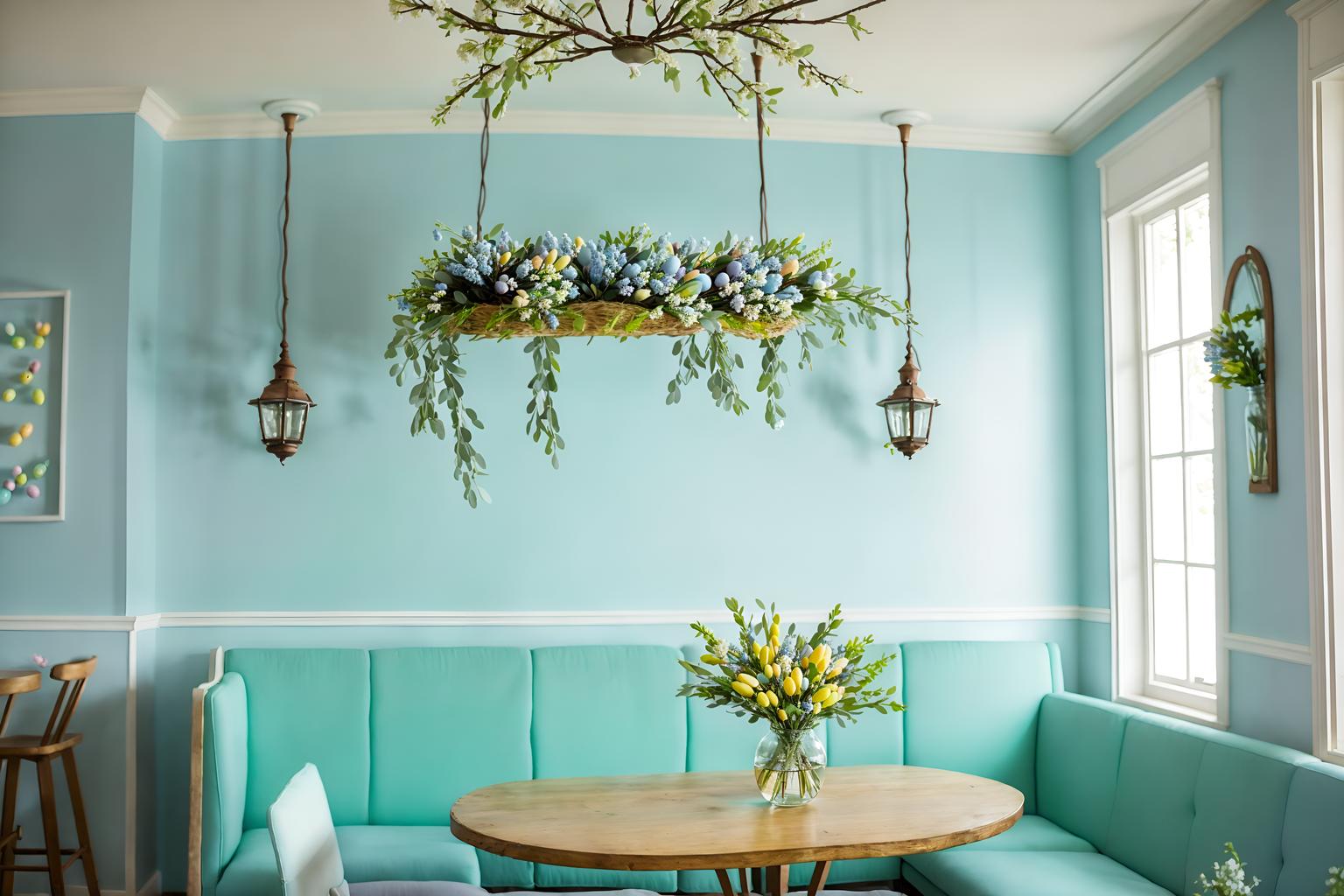 easter-style (coffee shop interior) . with light blue colors and spring decorations and easter decorations and flowers on table and colorful easter eggs and light blue colors. . cinematic photo, highly detailed, cinematic lighting, ultra-detailed, ultrarealistic, photorealism, 8k. easter interior design style. masterpiece, cinematic light, ultrarealistic+, photorealistic+, 8k, raw photo, realistic, sharp focus on eyes, (symmetrical eyes), (intact eyes), hyperrealistic, highest quality, best quality, , highly detailed, masterpiece, best quality, extremely detailed 8k wallpaper, masterpiece, best quality, ultra-detailed, best shadow, detailed background, detailed face, detailed eyes, high contrast, best illumination, detailed face, dulux, caustic, dynamic angle, detailed glow. dramatic lighting. highly detailed, insanely detailed hair, symmetrical, intricate details, professionally retouched, 8k high definition. strong bokeh. award winning photo.