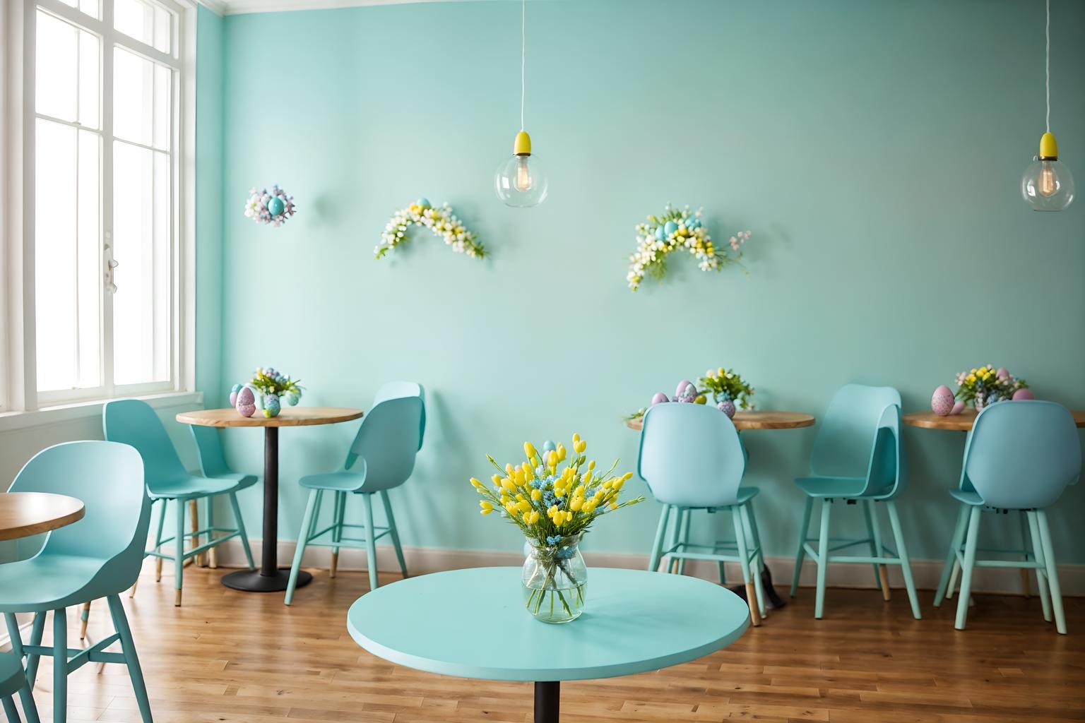 easter-style (coffee shop interior) . with light blue colors and spring decorations and easter decorations and flowers on table and colorful easter eggs and light blue colors. . cinematic photo, highly detailed, cinematic lighting, ultra-detailed, ultrarealistic, photorealism, 8k. easter interior design style. masterpiece, cinematic light, ultrarealistic+, photorealistic+, 8k, raw photo, realistic, sharp focus on eyes, (symmetrical eyes), (intact eyes), hyperrealistic, highest quality, best quality, , highly detailed, masterpiece, best quality, extremely detailed 8k wallpaper, masterpiece, best quality, ultra-detailed, best shadow, detailed background, detailed face, detailed eyes, high contrast, best illumination, detailed face, dulux, caustic, dynamic angle, detailed glow. dramatic lighting. highly detailed, insanely detailed hair, symmetrical, intricate details, professionally retouched, 8k high definition. strong bokeh. award winning photo.