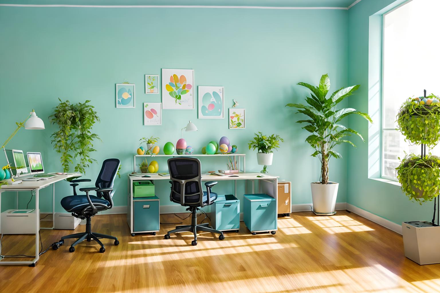 easter-style (office interior) with plants and computer desks and office chairs and office desks and lounge chairs and cabinets and desk lamps and windows. . with colorful easter eggs and light blue colors and spring decorations and easter decorations and flowers on table and colorful easter eggs. . cinematic photo, highly detailed, cinematic lighting, ultra-detailed, ultrarealistic, photorealism, 8k. easter interior design style. masterpiece, cinematic light, ultrarealistic+, photorealistic+, 8k, raw photo, realistic, sharp focus on eyes, (symmetrical eyes), (intact eyes), hyperrealistic, highest quality, best quality, , highly detailed, masterpiece, best quality, extremely detailed 8k wallpaper, masterpiece, best quality, ultra-detailed, best shadow, detailed background, detailed face, detailed eyes, high contrast, best illumination, detailed face, dulux, caustic, dynamic angle, detailed glow. dramatic lighting. highly detailed, insanely detailed hair, symmetrical, intricate details, professionally retouched, 8k high definition. strong bokeh. award winning photo.