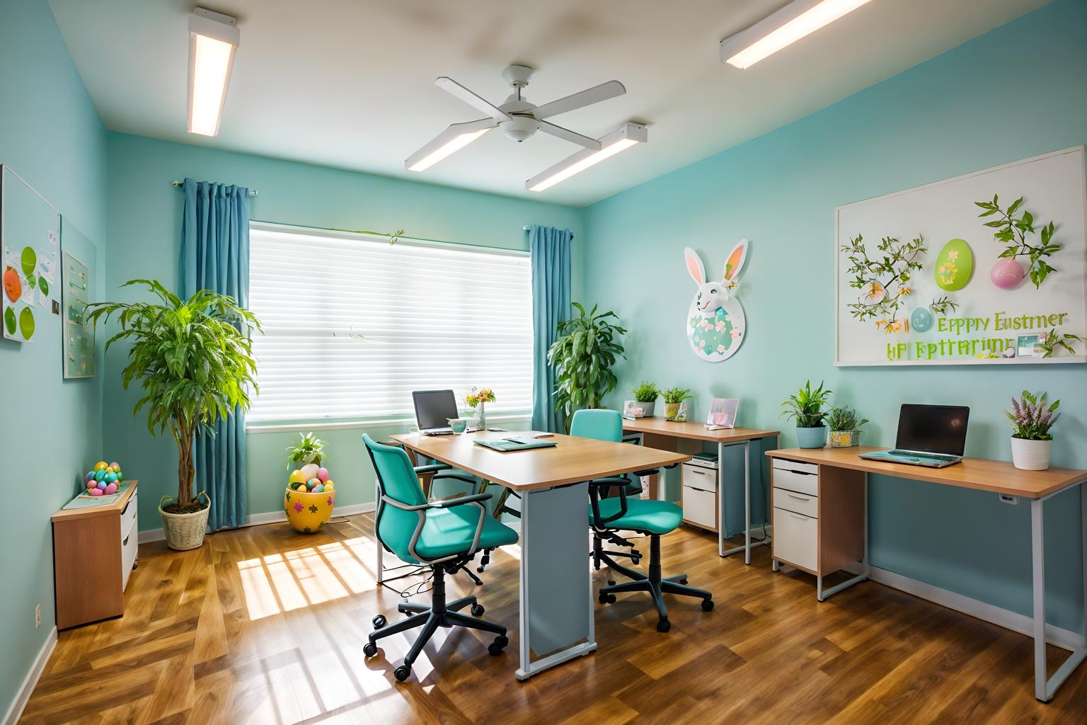easter-style (office interior) with plants and computer desks and office chairs and office desks and lounge chairs and cabinets and desk lamps and windows. . with colorful easter eggs and light blue colors and spring decorations and easter decorations and flowers on table and colorful easter eggs. . cinematic photo, highly detailed, cinematic lighting, ultra-detailed, ultrarealistic, photorealism, 8k. easter interior design style. masterpiece, cinematic light, ultrarealistic+, photorealistic+, 8k, raw photo, realistic, sharp focus on eyes, (symmetrical eyes), (intact eyes), hyperrealistic, highest quality, best quality, , highly detailed, masterpiece, best quality, extremely detailed 8k wallpaper, masterpiece, best quality, ultra-detailed, best shadow, detailed background, detailed face, detailed eyes, high contrast, best illumination, detailed face, dulux, caustic, dynamic angle, detailed glow. dramatic lighting. highly detailed, insanely detailed hair, symmetrical, intricate details, professionally retouched, 8k high definition. strong bokeh. award winning photo.