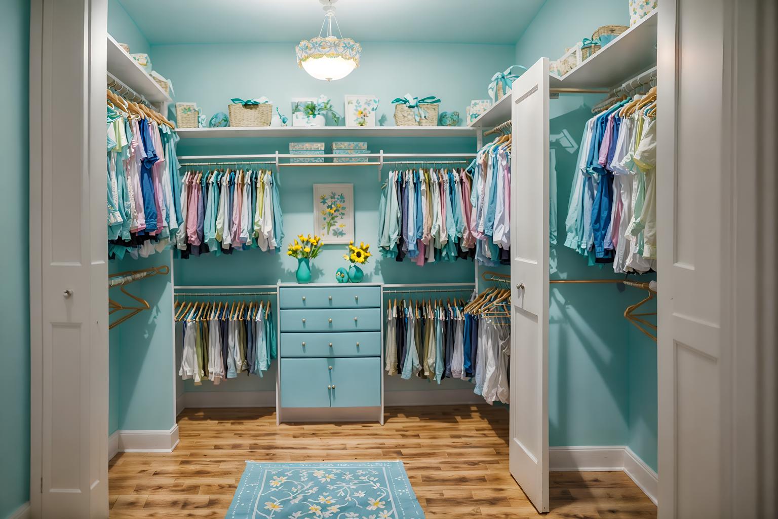 easter-style (walk in closet interior) . with light blue colors and easter decorations and colorful easter eggs and spring decorations and flowers on table and light blue colors. . cinematic photo, highly detailed, cinematic lighting, ultra-detailed, ultrarealistic, photorealism, 8k. easter interior design style. masterpiece, cinematic light, ultrarealistic+, photorealistic+, 8k, raw photo, realistic, sharp focus on eyes, (symmetrical eyes), (intact eyes), hyperrealistic, highest quality, best quality, , highly detailed, masterpiece, best quality, extremely detailed 8k wallpaper, masterpiece, best quality, ultra-detailed, best shadow, detailed background, detailed face, detailed eyes, high contrast, best illumination, detailed face, dulux, caustic, dynamic angle, detailed glow. dramatic lighting. highly detailed, insanely detailed hair, symmetrical, intricate details, professionally retouched, 8k high definition. strong bokeh. award winning photo.