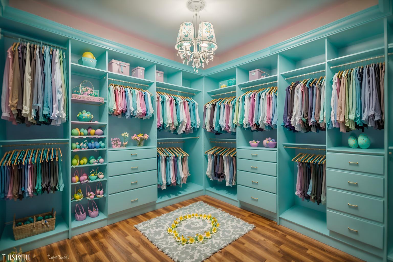 easter-style (walk in closet interior) . with light blue colors and easter decorations and colorful easter eggs and spring decorations and flowers on table and light blue colors. . cinematic photo, highly detailed, cinematic lighting, ultra-detailed, ultrarealistic, photorealism, 8k. easter interior design style. masterpiece, cinematic light, ultrarealistic+, photorealistic+, 8k, raw photo, realistic, sharp focus on eyes, (symmetrical eyes), (intact eyes), hyperrealistic, highest quality, best quality, , highly detailed, masterpiece, best quality, extremely detailed 8k wallpaper, masterpiece, best quality, ultra-detailed, best shadow, detailed background, detailed face, detailed eyes, high contrast, best illumination, detailed face, dulux, caustic, dynamic angle, detailed glow. dramatic lighting. highly detailed, insanely detailed hair, symmetrical, intricate details, professionally retouched, 8k high definition. strong bokeh. award winning photo.