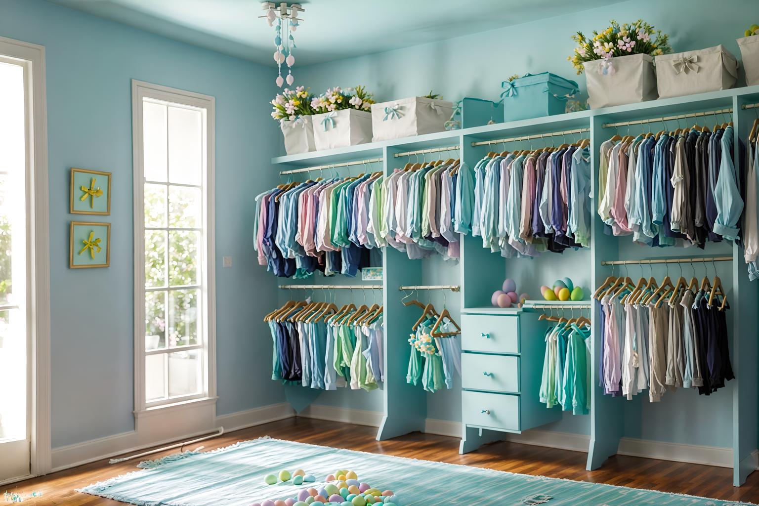 easter-style (walk in closet interior) . with light blue colors and easter decorations and colorful easter eggs and spring decorations and flowers on table and light blue colors. . cinematic photo, highly detailed, cinematic lighting, ultra-detailed, ultrarealistic, photorealism, 8k. easter interior design style. masterpiece, cinematic light, ultrarealistic+, photorealistic+, 8k, raw photo, realistic, sharp focus on eyes, (symmetrical eyes), (intact eyes), hyperrealistic, highest quality, best quality, , highly detailed, masterpiece, best quality, extremely detailed 8k wallpaper, masterpiece, best quality, ultra-detailed, best shadow, detailed background, detailed face, detailed eyes, high contrast, best illumination, detailed face, dulux, caustic, dynamic angle, detailed glow. dramatic lighting. highly detailed, insanely detailed hair, symmetrical, intricate details, professionally retouched, 8k high definition. strong bokeh. award winning photo.