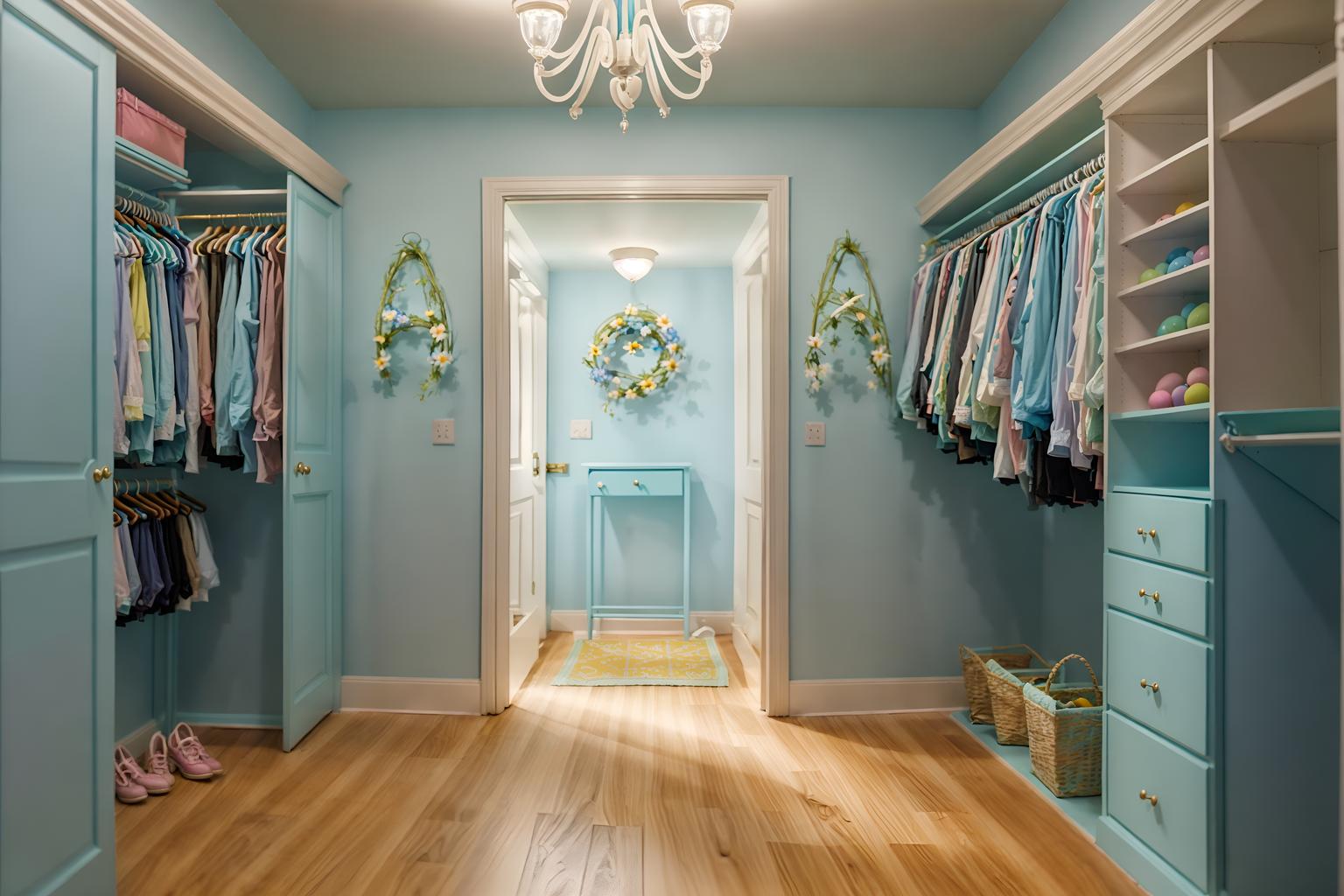 easter-style (walk in closet interior) . with light blue colors and easter decorations and colorful easter eggs and spring decorations and flowers on table and light blue colors. . cinematic photo, highly detailed, cinematic lighting, ultra-detailed, ultrarealistic, photorealism, 8k. easter interior design style. masterpiece, cinematic light, ultrarealistic+, photorealistic+, 8k, raw photo, realistic, sharp focus on eyes, (symmetrical eyes), (intact eyes), hyperrealistic, highest quality, best quality, , highly detailed, masterpiece, best quality, extremely detailed 8k wallpaper, masterpiece, best quality, ultra-detailed, best shadow, detailed background, detailed face, detailed eyes, high contrast, best illumination, detailed face, dulux, caustic, dynamic angle, detailed glow. dramatic lighting. highly detailed, insanely detailed hair, symmetrical, intricate details, professionally retouched, 8k high definition. strong bokeh. award winning photo.