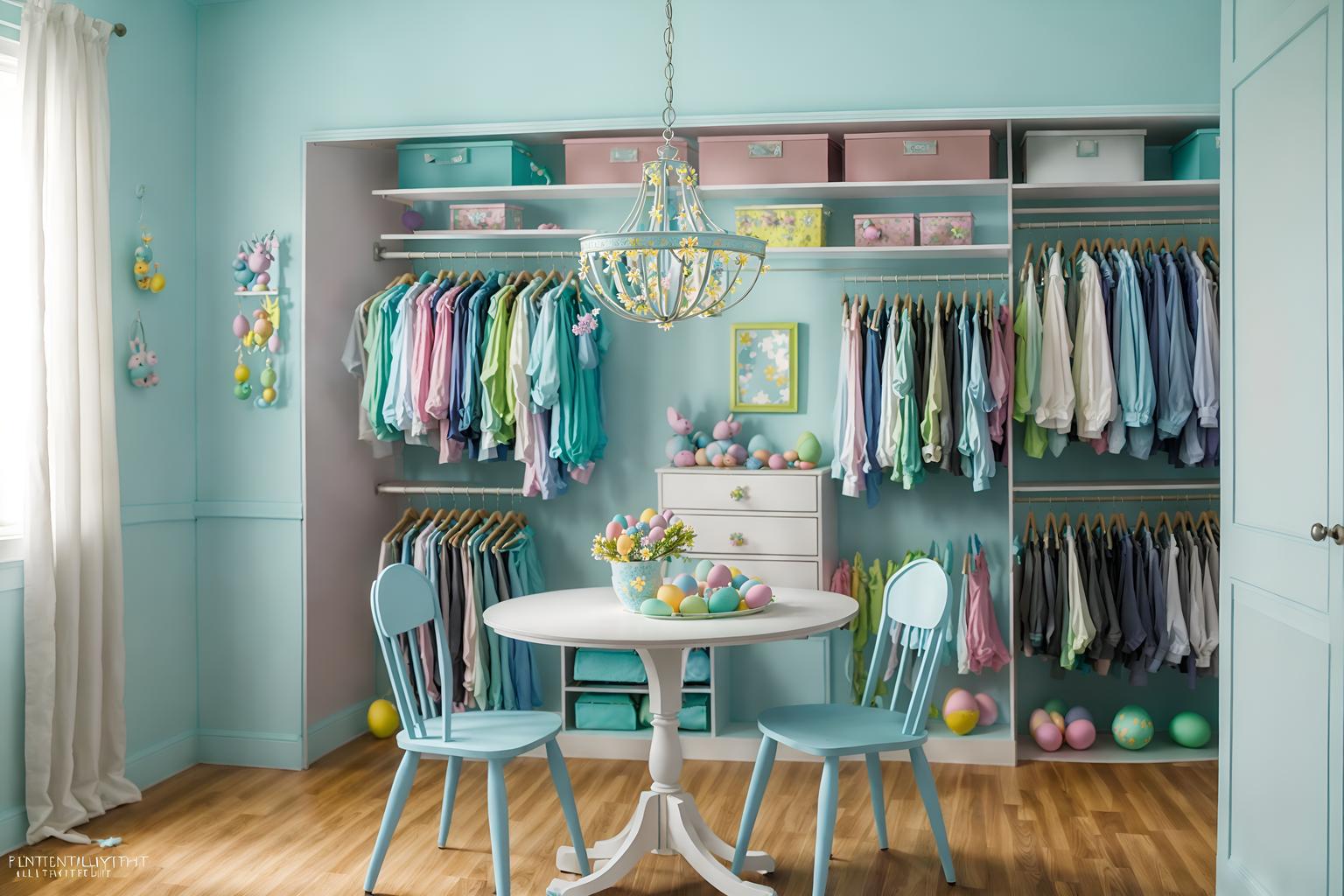 easter-style (walk in closet interior) . with light blue colors and easter decorations and colorful easter eggs and spring decorations and flowers on table and light blue colors. . cinematic photo, highly detailed, cinematic lighting, ultra-detailed, ultrarealistic, photorealism, 8k. easter interior design style. masterpiece, cinematic light, ultrarealistic+, photorealistic+, 8k, raw photo, realistic, sharp focus on eyes, (symmetrical eyes), (intact eyes), hyperrealistic, highest quality, best quality, , highly detailed, masterpiece, best quality, extremely detailed 8k wallpaper, masterpiece, best quality, ultra-detailed, best shadow, detailed background, detailed face, detailed eyes, high contrast, best illumination, detailed face, dulux, caustic, dynamic angle, detailed glow. dramatic lighting. highly detailed, insanely detailed hair, symmetrical, intricate details, professionally retouched, 8k high definition. strong bokeh. award winning photo.