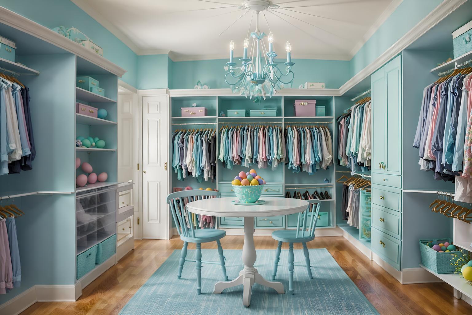 easter-style (walk in closet interior) . with light blue colors and easter decorations and colorful easter eggs and spring decorations and flowers on table and light blue colors. . cinematic photo, highly detailed, cinematic lighting, ultra-detailed, ultrarealistic, photorealism, 8k. easter interior design style. masterpiece, cinematic light, ultrarealistic+, photorealistic+, 8k, raw photo, realistic, sharp focus on eyes, (symmetrical eyes), (intact eyes), hyperrealistic, highest quality, best quality, , highly detailed, masterpiece, best quality, extremely detailed 8k wallpaper, masterpiece, best quality, ultra-detailed, best shadow, detailed background, detailed face, detailed eyes, high contrast, best illumination, detailed face, dulux, caustic, dynamic angle, detailed glow. dramatic lighting. highly detailed, insanely detailed hair, symmetrical, intricate details, professionally retouched, 8k high definition. strong bokeh. award winning photo.