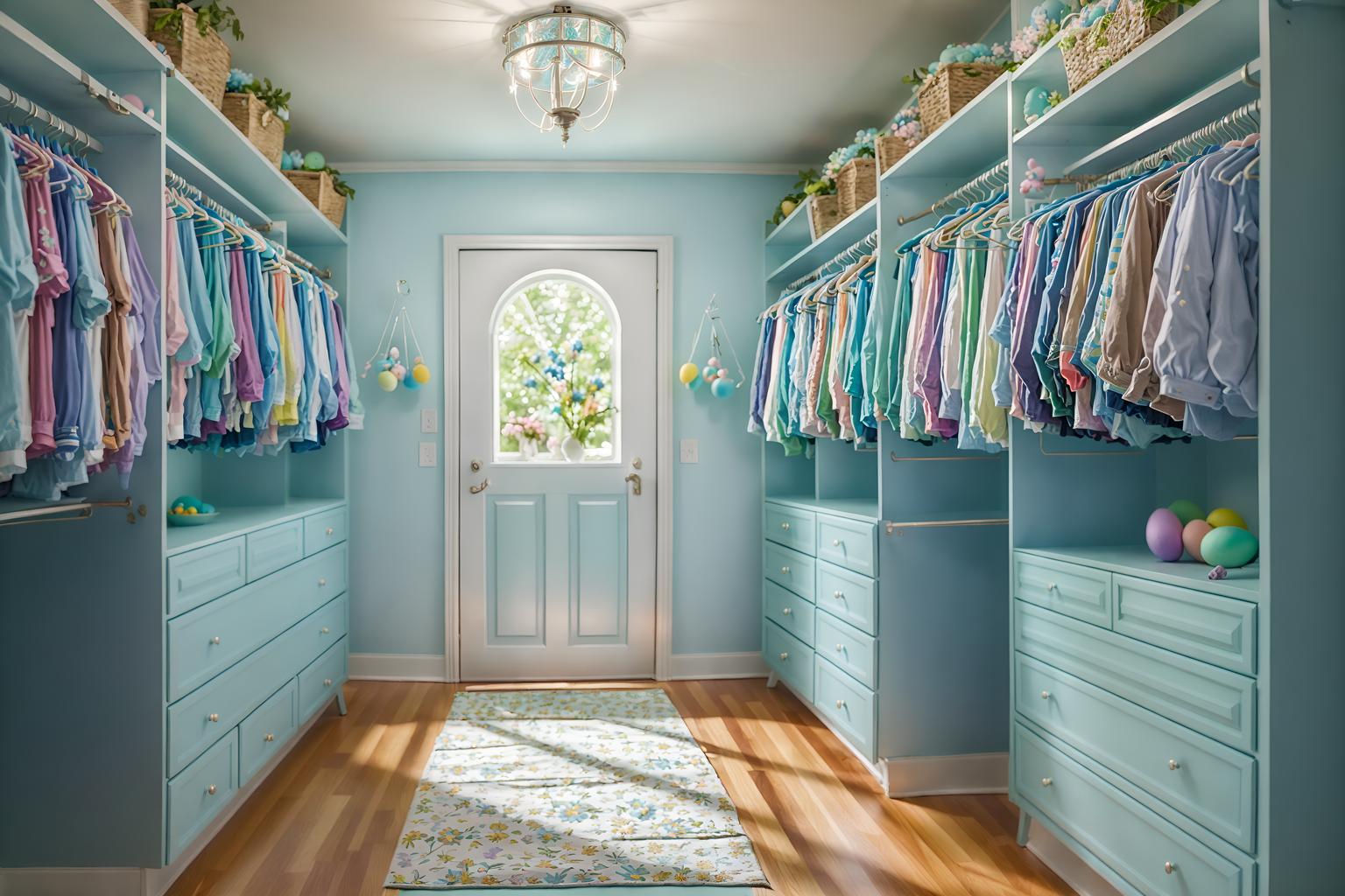 easter-style (walk in closet interior) . with light blue colors and easter decorations and colorful easter eggs and spring decorations and flowers on table and light blue colors. . cinematic photo, highly detailed, cinematic lighting, ultra-detailed, ultrarealistic, photorealism, 8k. easter interior design style. masterpiece, cinematic light, ultrarealistic+, photorealistic+, 8k, raw photo, realistic, sharp focus on eyes, (symmetrical eyes), (intact eyes), hyperrealistic, highest quality, best quality, , highly detailed, masterpiece, best quality, extremely detailed 8k wallpaper, masterpiece, best quality, ultra-detailed, best shadow, detailed background, detailed face, detailed eyes, high contrast, best illumination, detailed face, dulux, caustic, dynamic angle, detailed glow. dramatic lighting. highly detailed, insanely detailed hair, symmetrical, intricate details, professionally retouched, 8k high definition. strong bokeh. award winning photo.